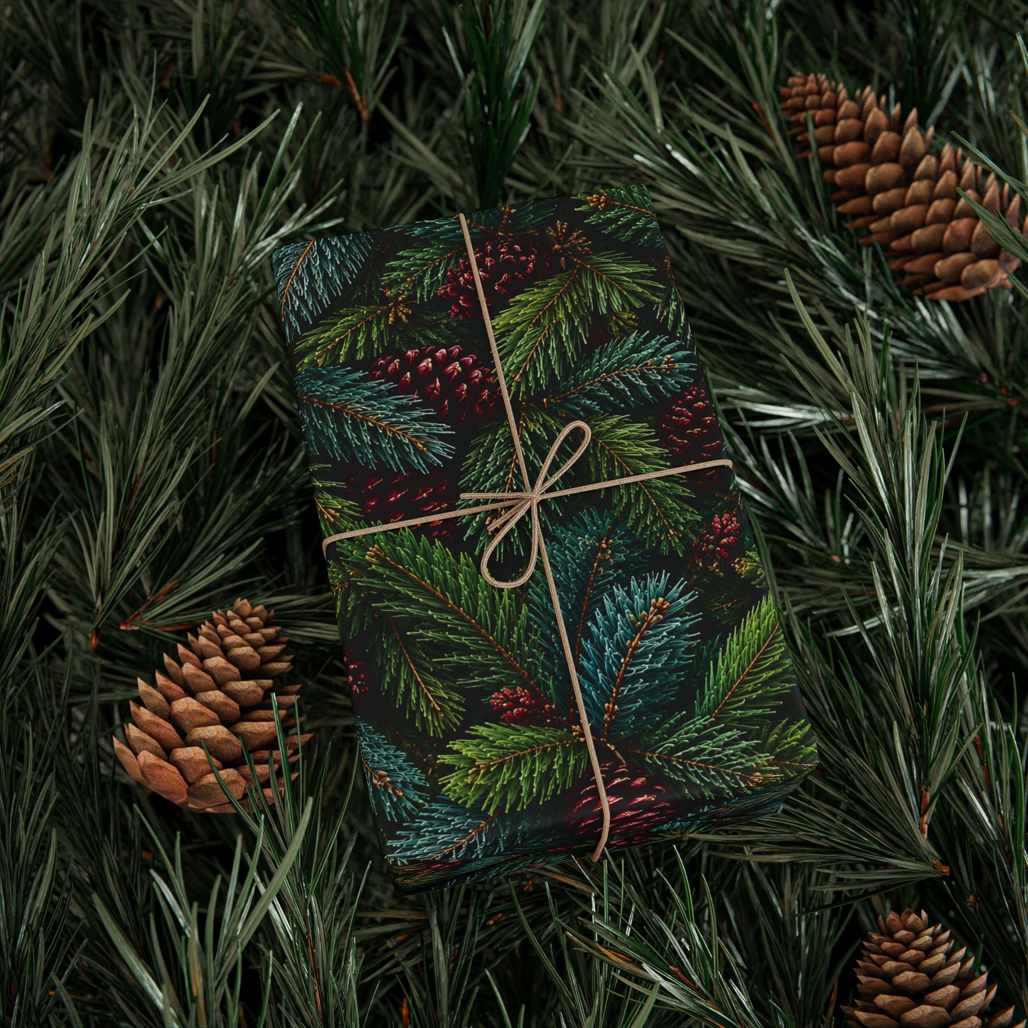 Vintage Colorado Spruce Gift Wrap Evergreen Pine & Burgundy Pinecone Christmas Wrapping Paper