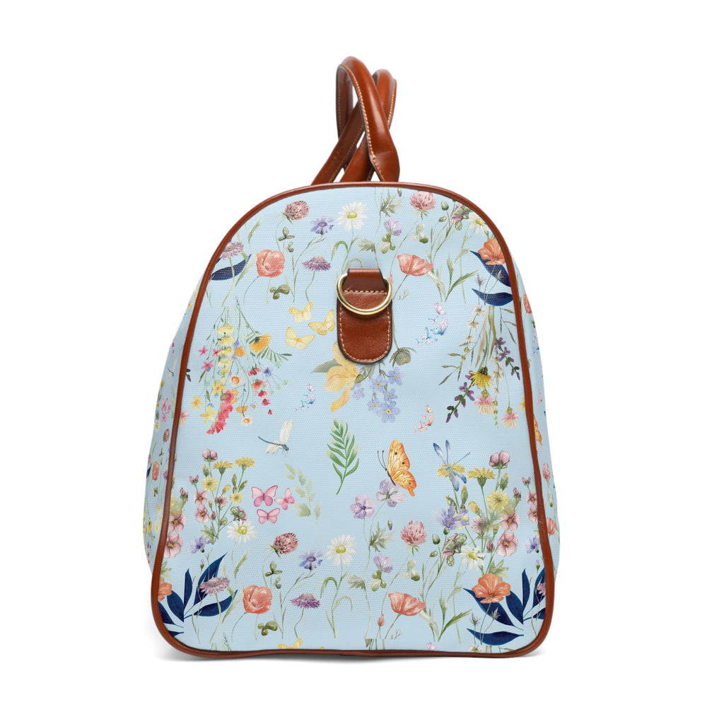 Icy Blue Floral Waterproof Travel Duffel  Watercolor Wildflowers Carry-On Bag