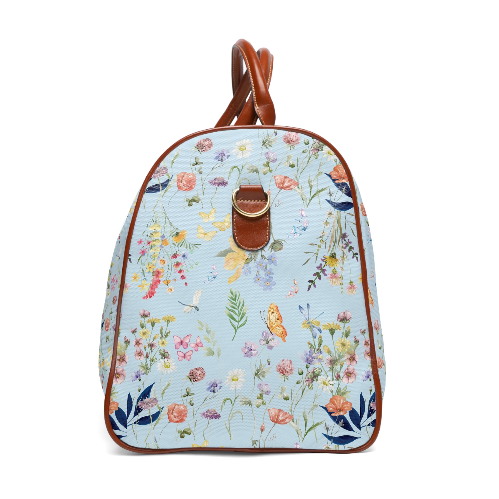 Icy Blue Floral Waterproof Travel Duffel  Watercolor Wildflowers Carry-On Bag