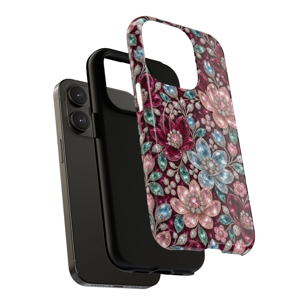 Floral faux Jewel Phone Case Sparkling Burgundy Flower Tough Magnetic Case 18 iPhone