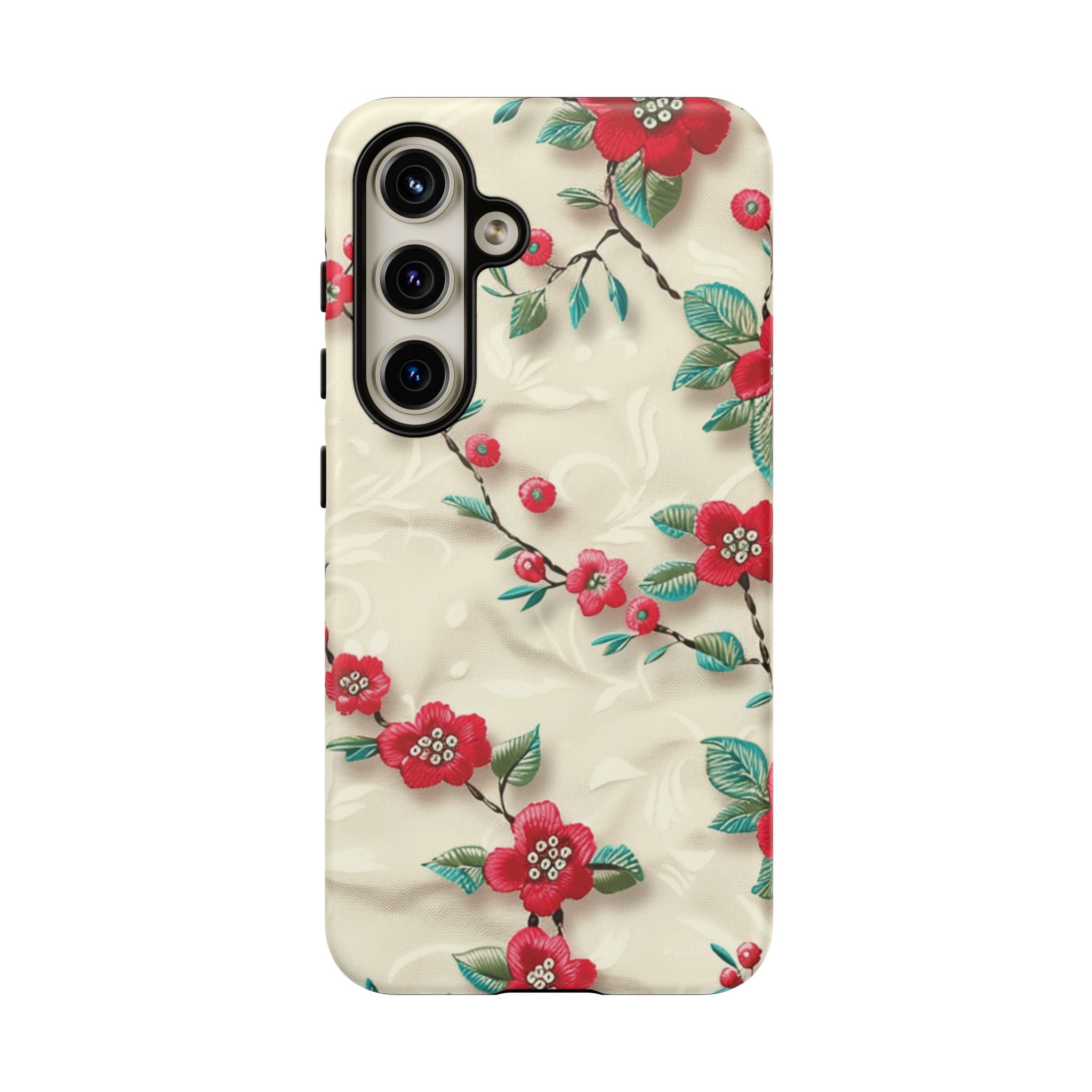 3D Embroidery Illusion Red Flowers Phone Case for iPhone, Samsung Pixel Artistic Floral Protection 15 14 13 12, 21 23 Gift for Her Perfect for Floral Lover