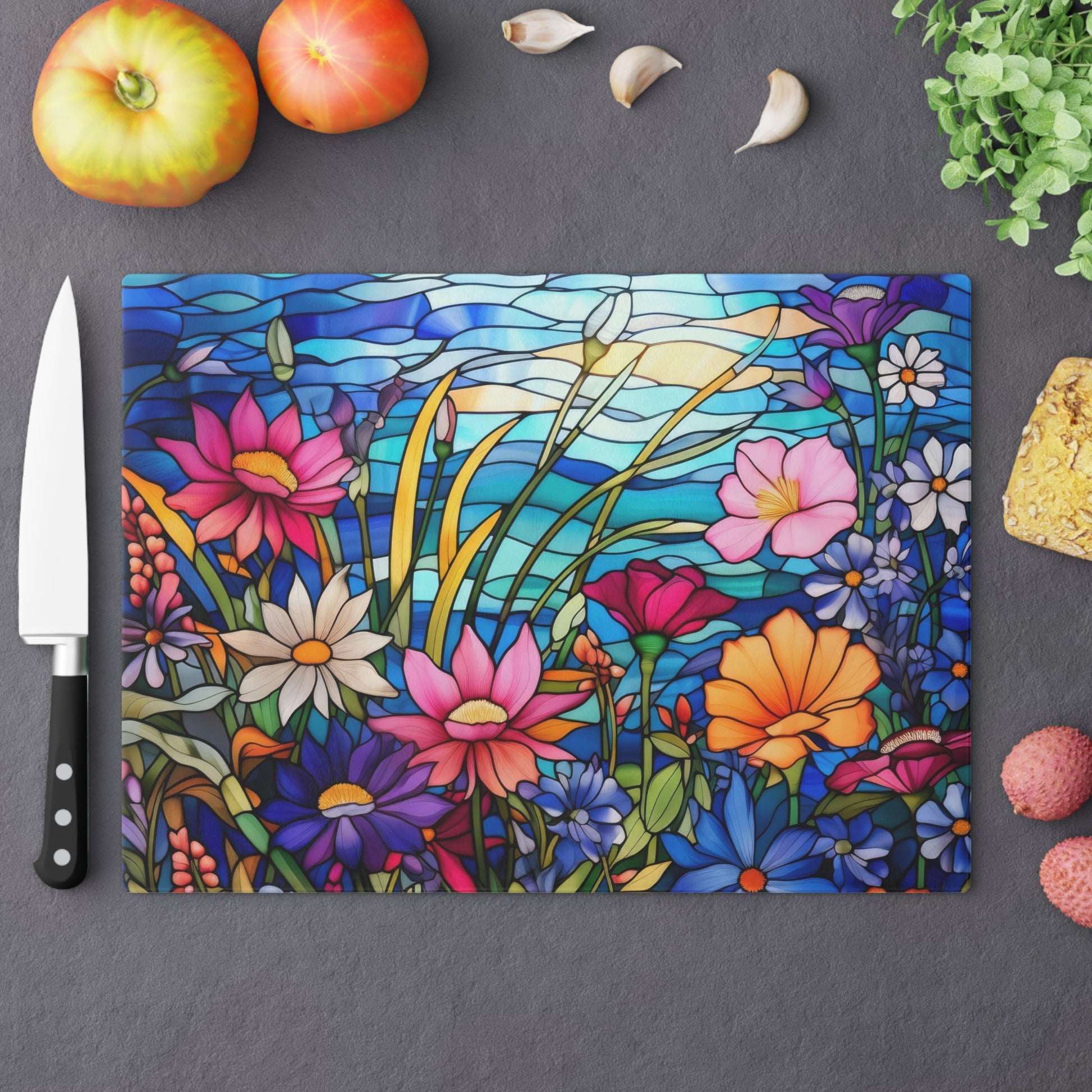 New House Tempered Glass Cutting Board Wildflowers Stain Glass Illusion Design Ultra-Durable Kitchen Accessory for Stylish Cooking Kitchen Decor Housewarming, New House Gift - MRSBYVALLE