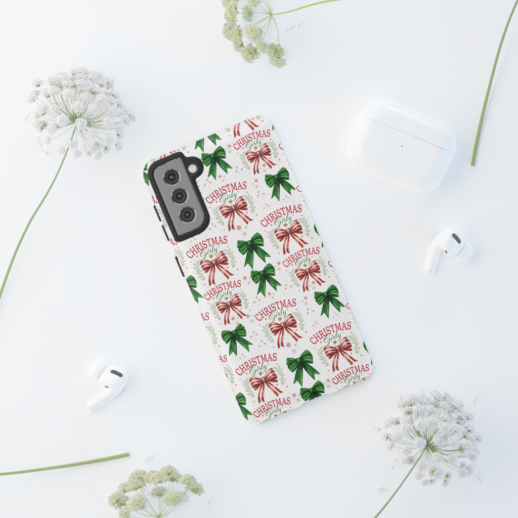 Girly Christmas Coquette Bows Pastel Phone Case for iPhone 17 16 15 23 Samsung, and Pixel | Stylish Protective Cover Gift for Her Perfect for Floral Lover