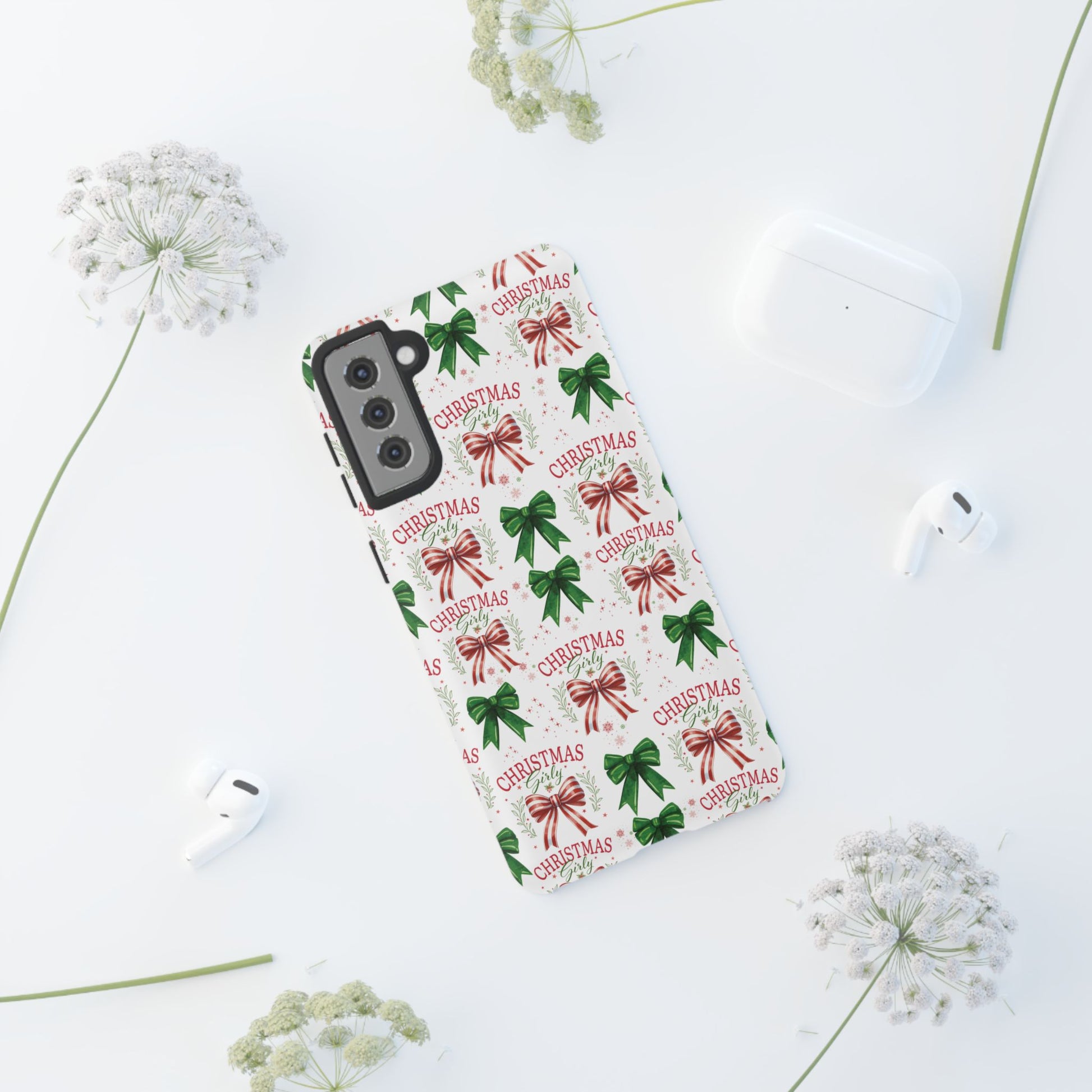 Girly Christmas Coquette Bows Pastel Phone Case for iPhone 17 16 15 23 Samsung, and Pixel | Stylish Protective Cover Gift for Her Perfect for Floral Lover