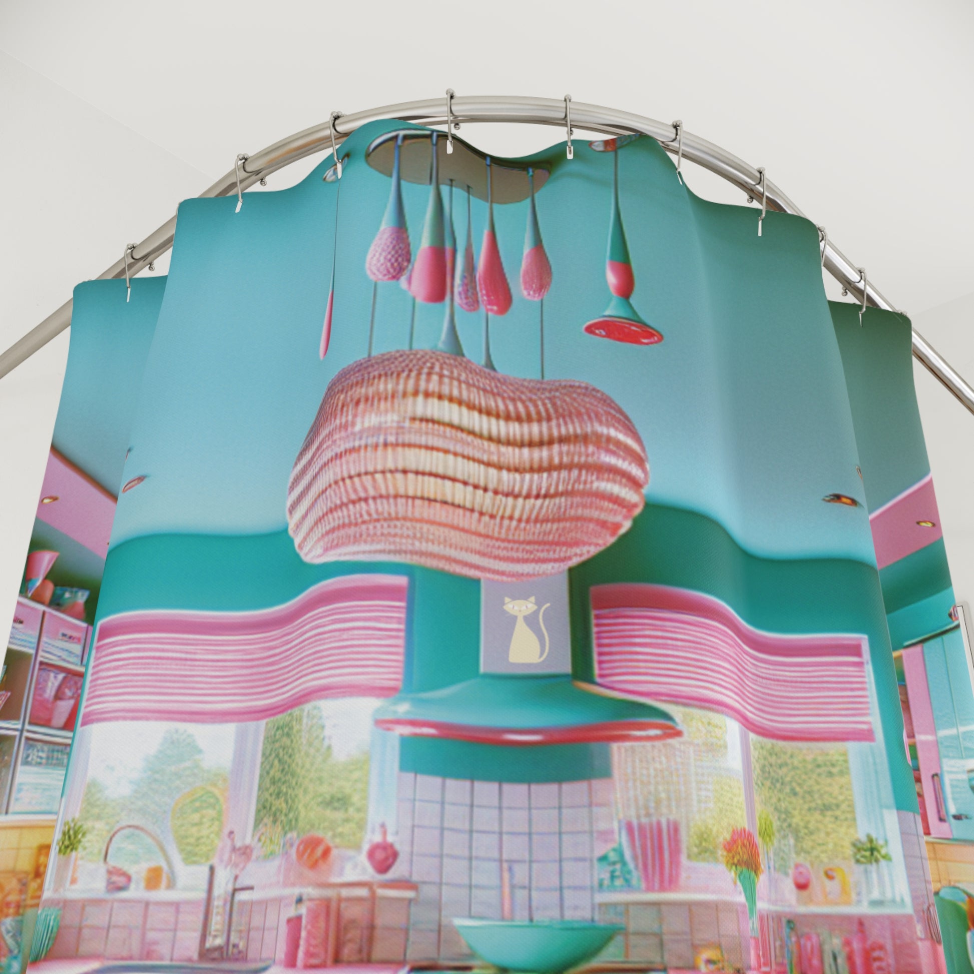 Atomic Kitty Cat Shower Curtains, Mid Century Modern 50's Aqua, Pink MCM Bathroom Decor, Retro Cat Lover Gift, Vintage Style Bath Curtain - MRSBYVALLE