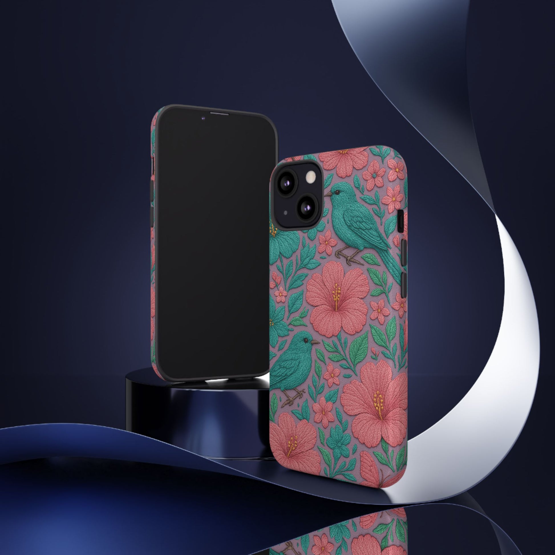 Turquoise, Pink and Lavender 3D Embroidery Illusion Phone Case Tropical Flowers, Birds & Butterflies Cover with Bold, Realistic Floral Texture iPhone, Samsung