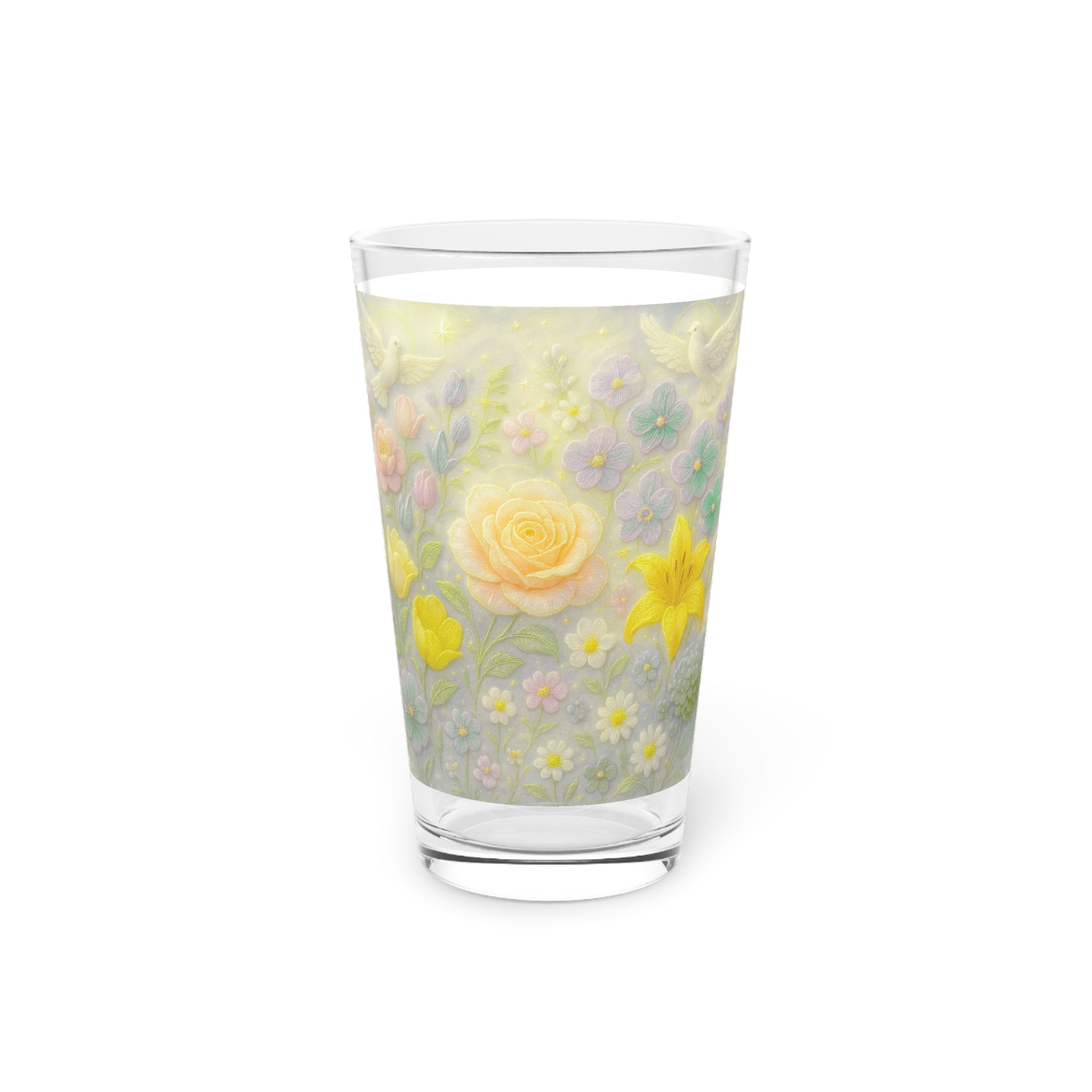 Pint Glass, Dove with 3D Illusion Pastel Flowers - Floral Design, Kitchen Decor, Housewarming Gift, Barware, Glassware, Home Accessories