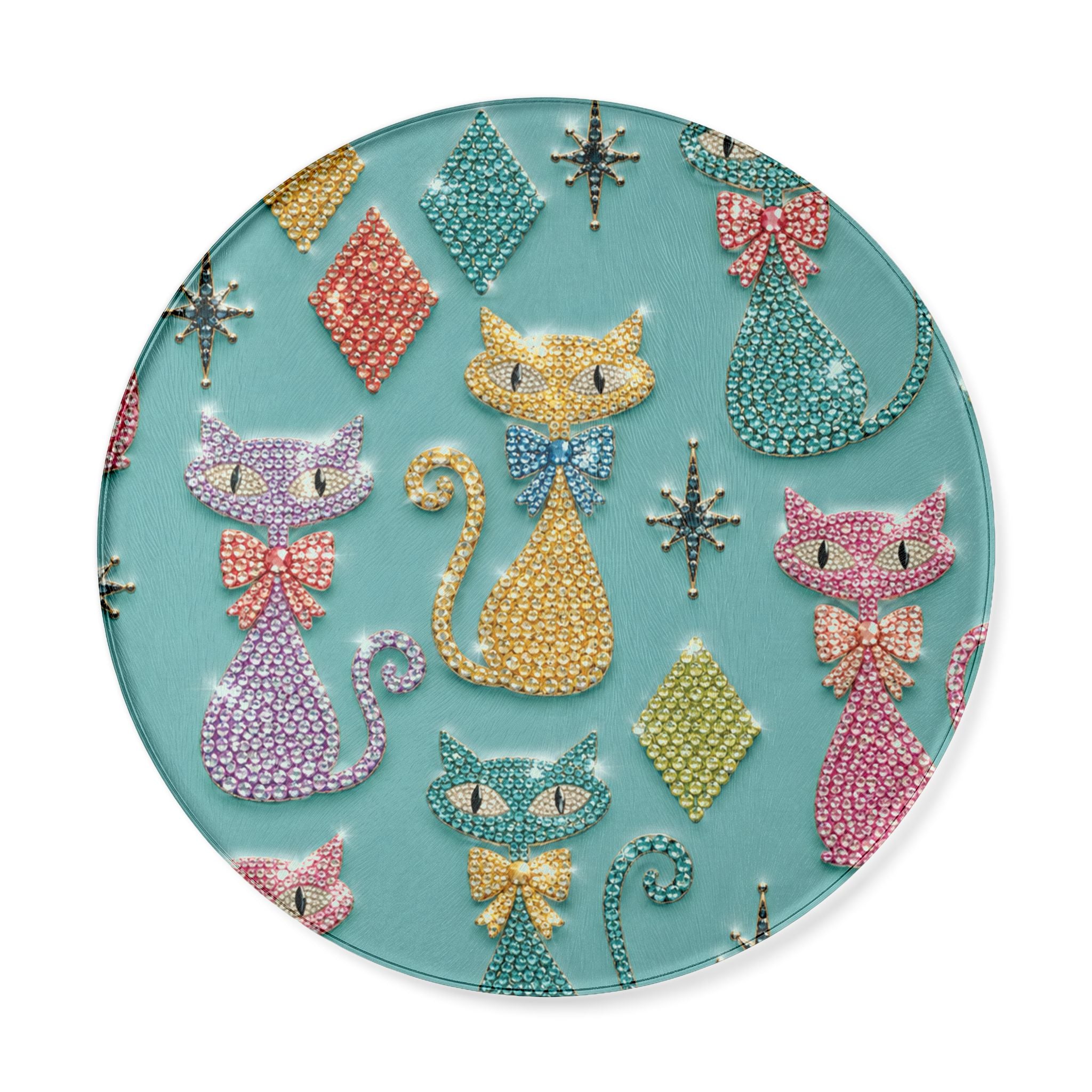 Round Cutting Board  Atomic Retro Bejeweled Cats Pattern Kitchen Serving Board