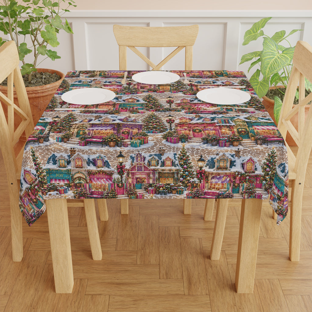 Christmas Village Tablecloth – Festive Snowy Holiday Houses Print for Seasonal Dining