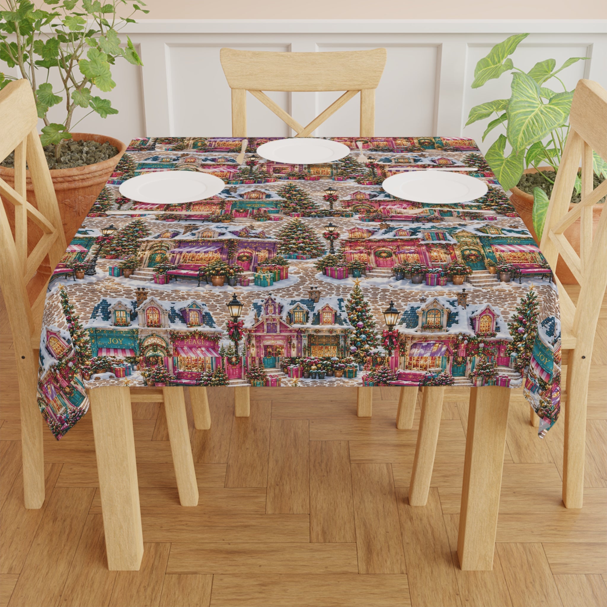 Christmas Village Tablecloth – Festive Snowy Holiday Houses Print for Seasonal Dining