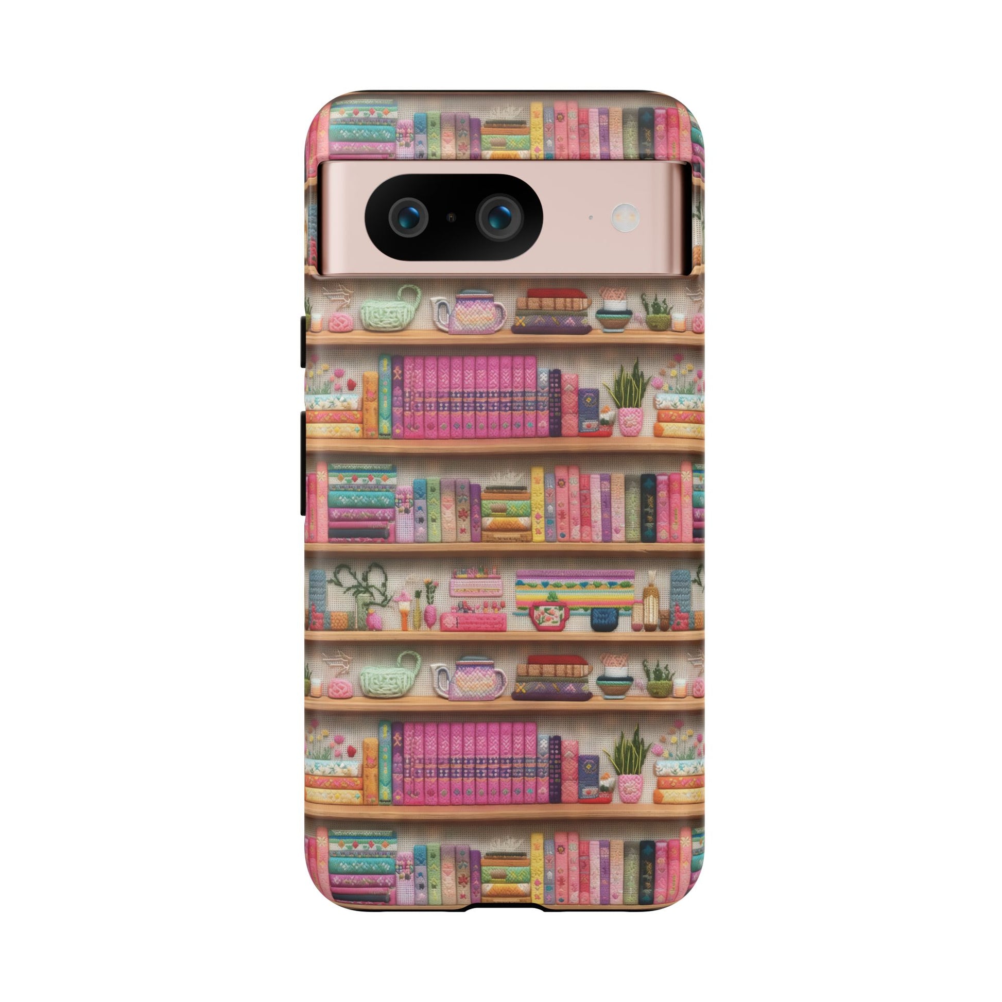 Whimsical 3D Embroidery Illusion Books on Pastel Shelves Phone Case for iPhone, Samsung & Pixel: Unique Accessory for Literary Enthusiasts Gift for Her Perfect for Floral Lover