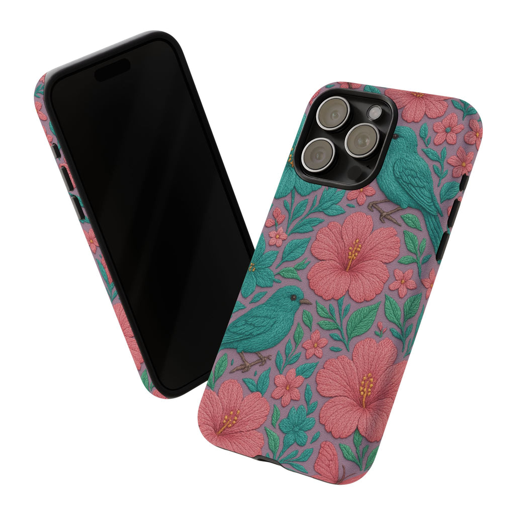 Turquoise, Pink and Lavender 3D Embroidery Illusion Phone Case Tropical Flowers, Birds & Butterflies Cover with Bold, Realistic Floral Texture iPhone, Samsung