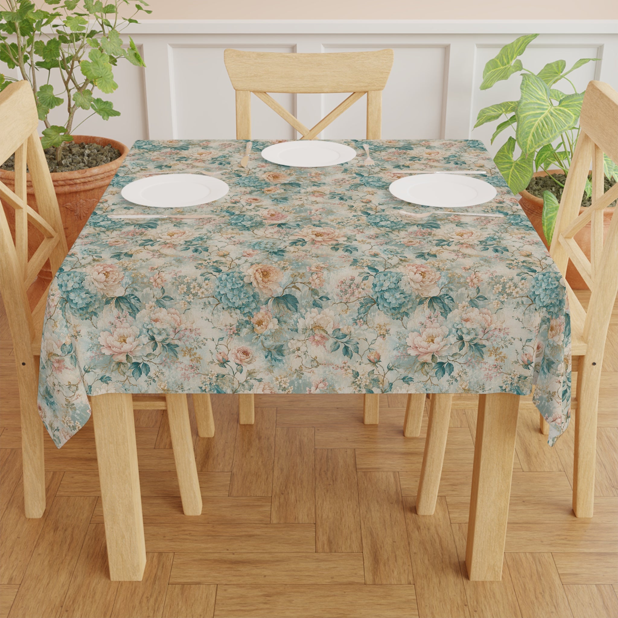 Floral Vintage Tablecloth – Pastel Rose & Teal Cottagecore Dining Linen New House