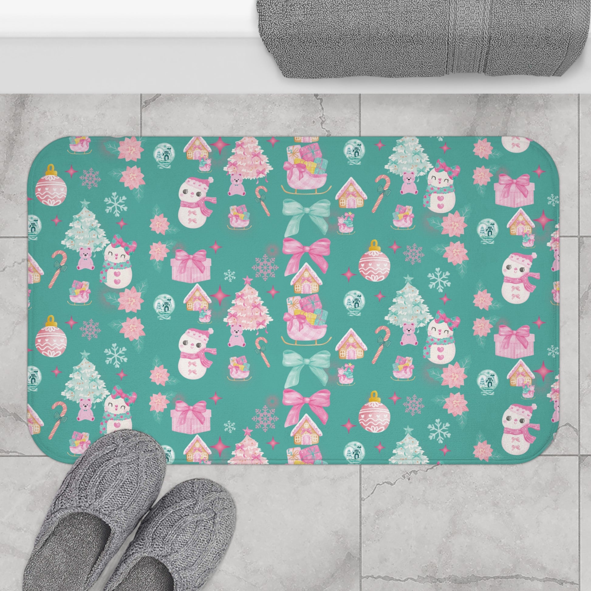 Glam Christmas Bath Mat – Pink and Turquoise Holiday Bathroom Decor, Soft Non-Slip Mat for Festive Vibes, Cozy  Stylish Winter Accent