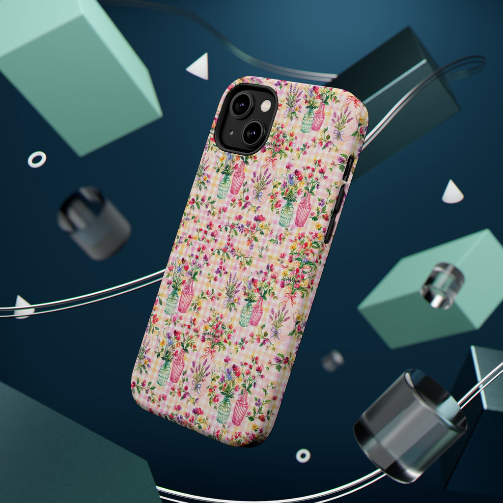 Turquoise & Pink Floral Checker Phone Case — Magnetic Impact-Resistant
