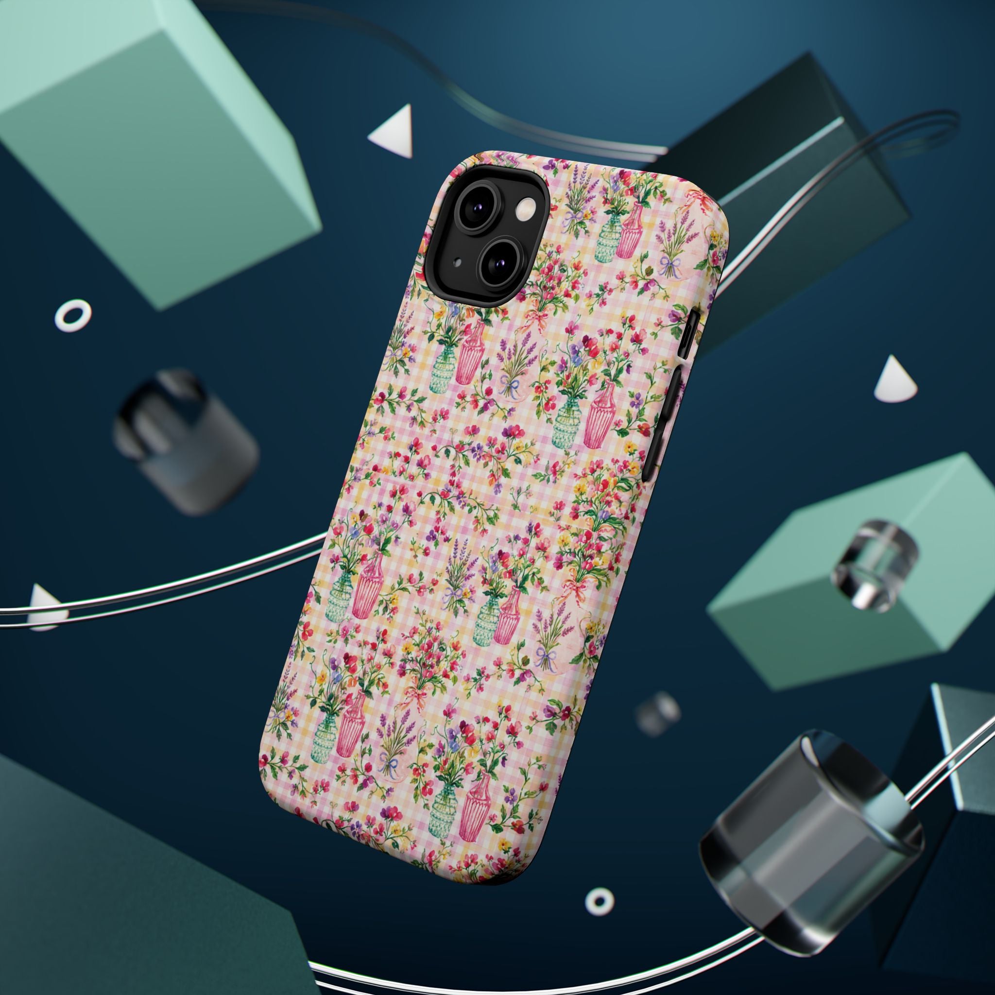 Turquoise & Pink Floral Checker Phone Case — Magnetic Impact-Resistant