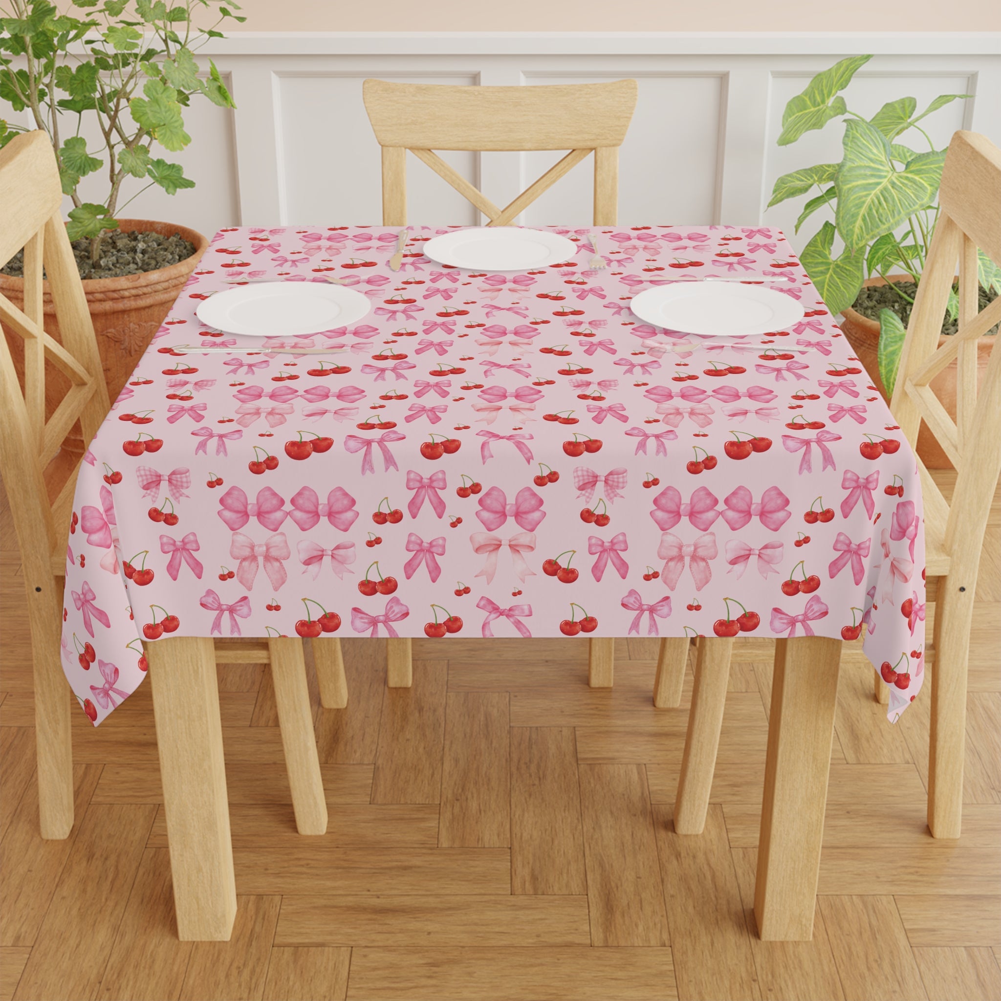 Tablecloth Whimsical Elegance with Coquette Cherry Ribbon Bows Design for Dining Any Dining Room, Kitchen Table or Outdoor Setting for Home, Weddings, Birthdays all Events Durable & Stylish for All Occasions.