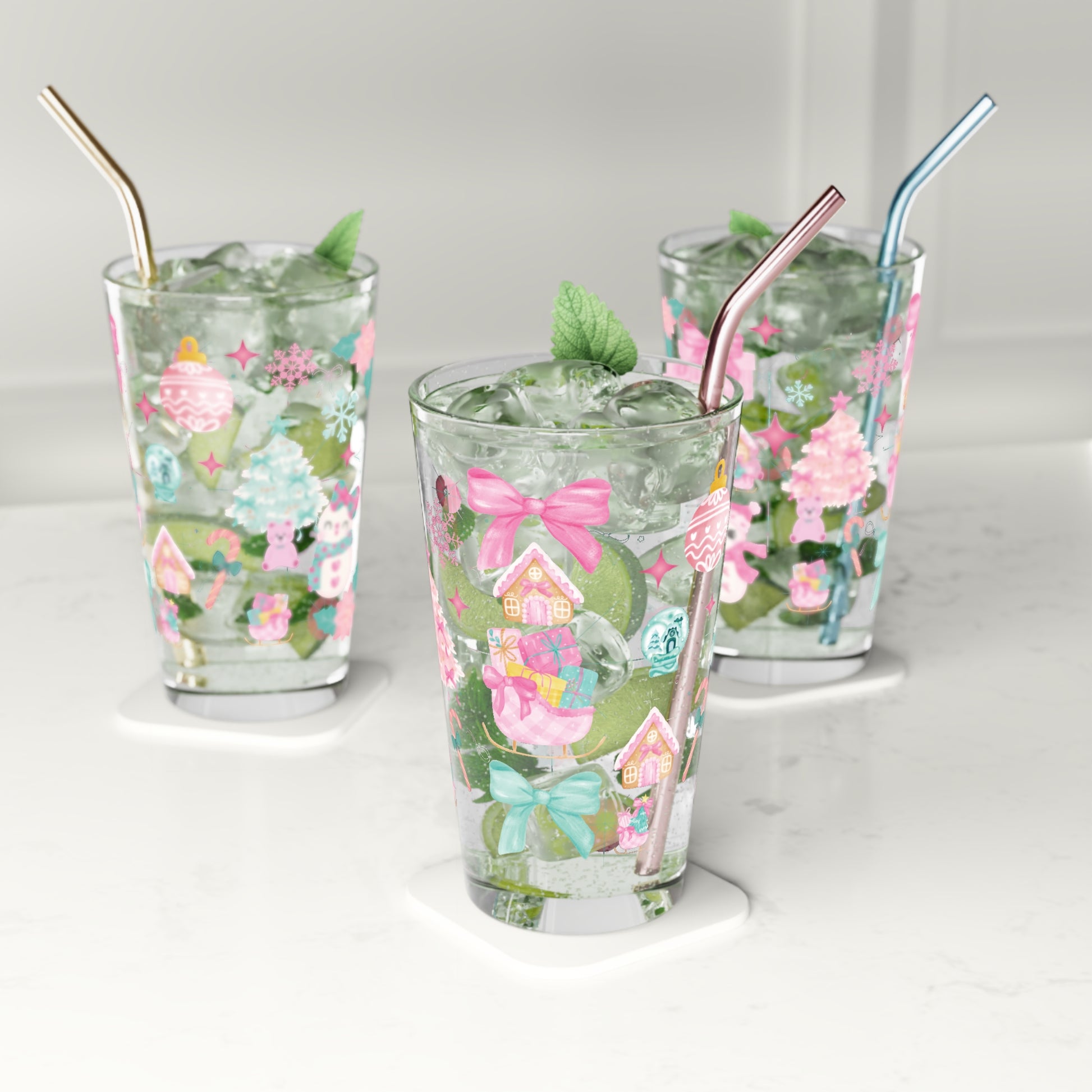 Pink and Turquoise Christmas 16oz Glass  Glam Holiday Drinkware for Cocktails, Iced Coffee, or Cocoa with Stylish Festive Perfect Gift for Her