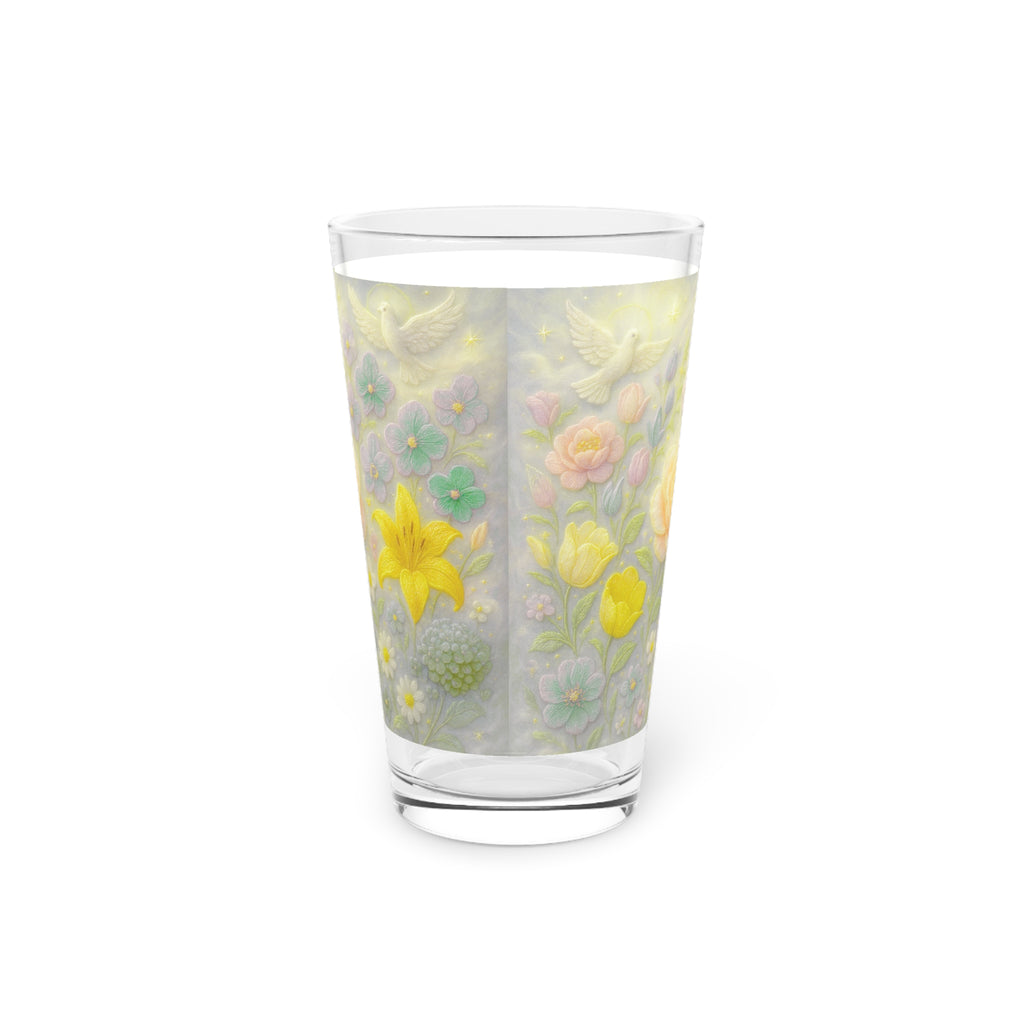 Pint Glass, Dove with 3D Illusion Pastel Flowers - Floral Design, Kitchen Decor, Housewarming Gift, Barware, Glassware, Home Accessories