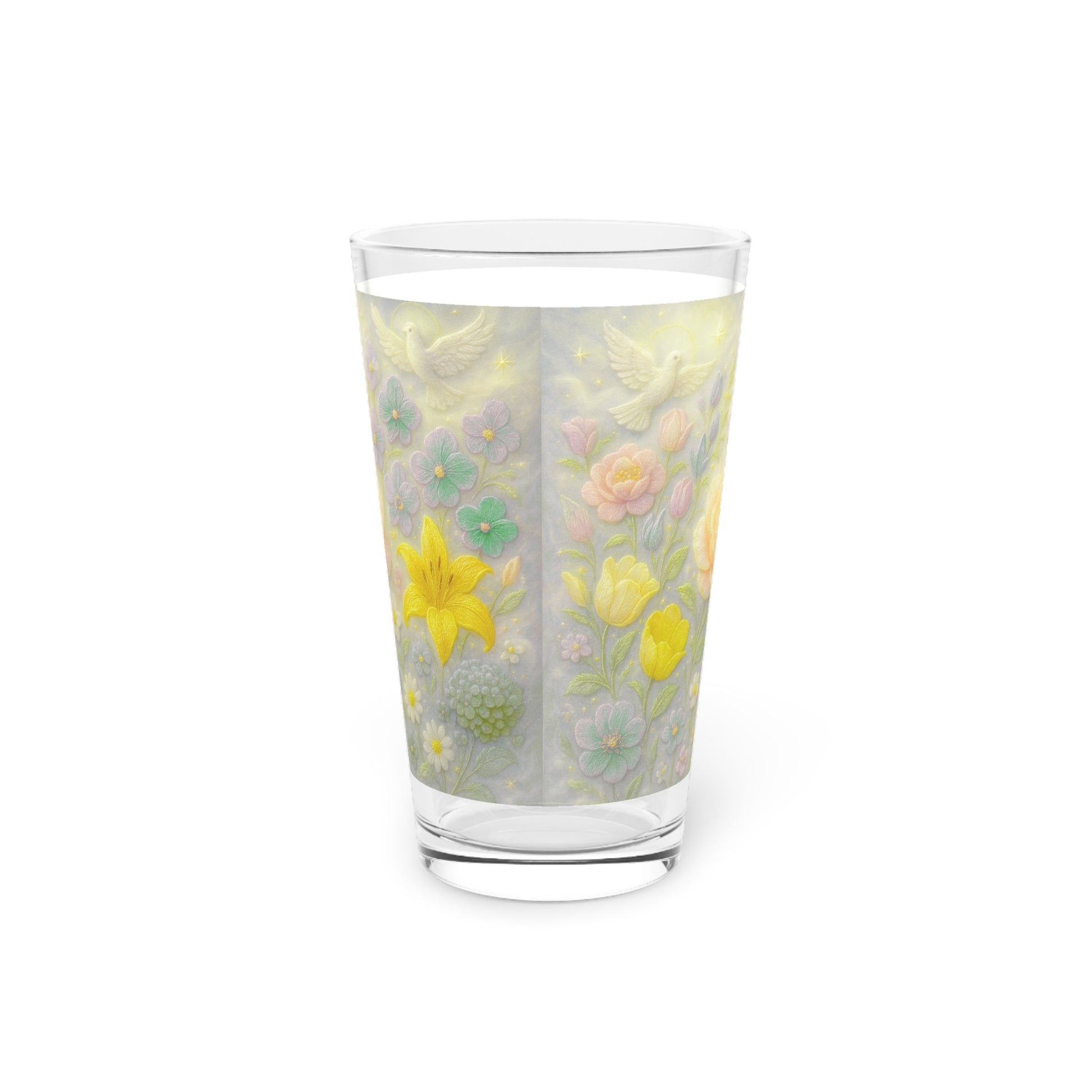 Pint Glass, Dove with 3D Illusion Pastel Flowers - Floral Design, Kitchen Decor, Housewarming Gift, Barware, Glassware, Home Accessories
