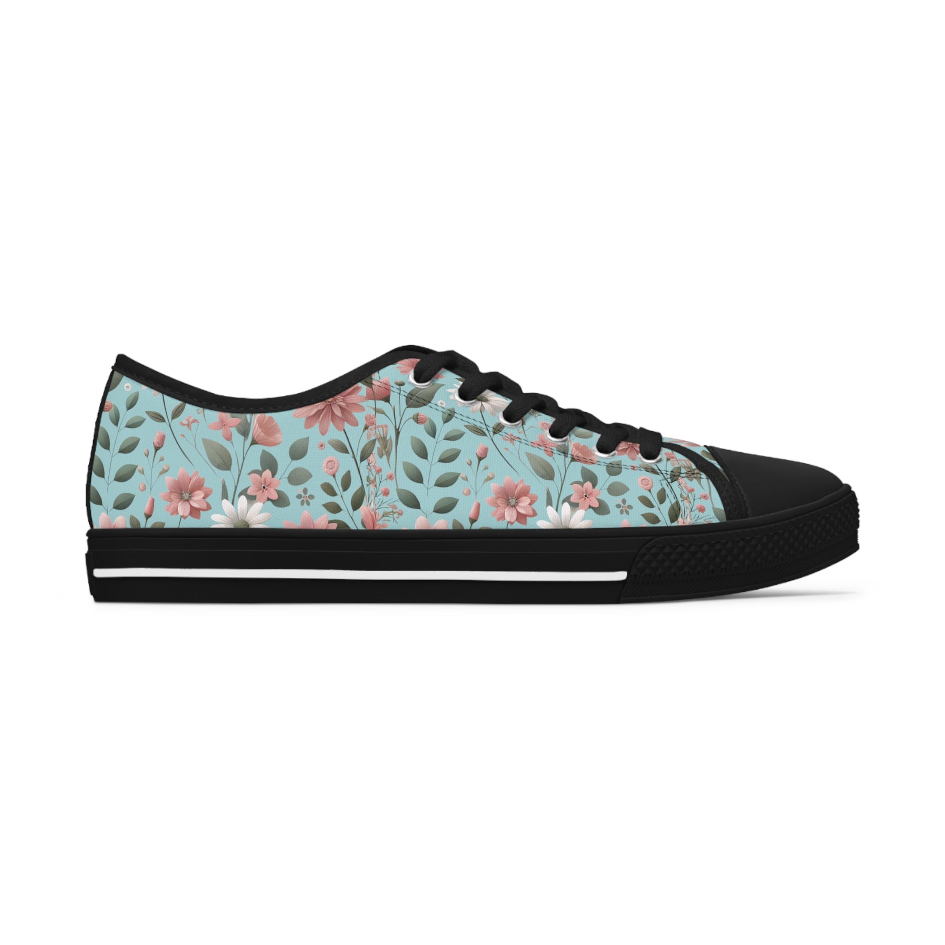 Aqua and Pink Floral Women's Low Top Sneakers Breathable Polyester Canvas, Lightweight Stylish Floral Pastel Design, Comfortable All-Day Wear, Perfect for Walking and Everyday Activities - MRSBYVALLE