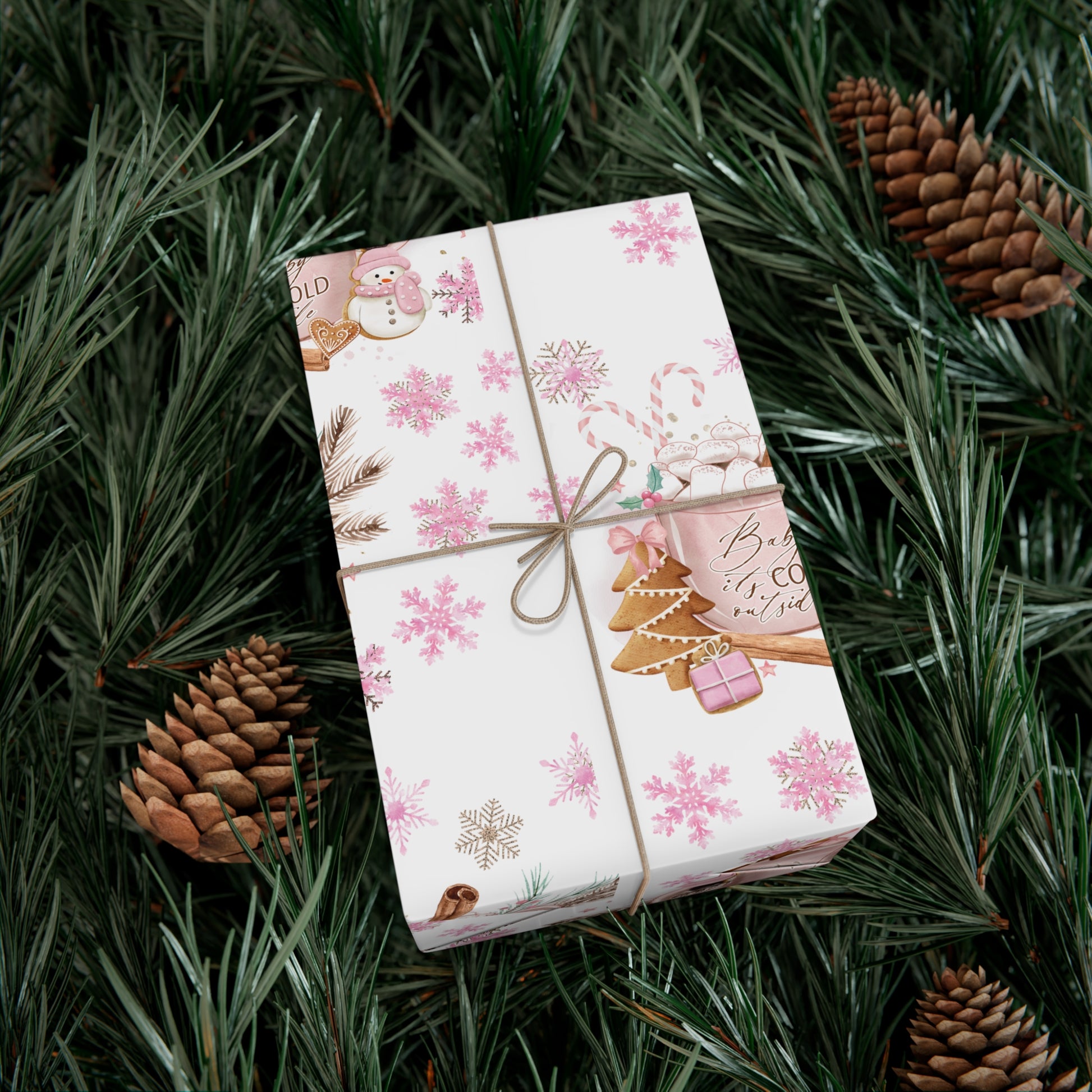 Baby it's Cold Outside Pink and White Wrapping Paper - Festive Holiday Design, Premium Quality, 100% Recyclable, Perfect for Christmas Gifts and Special Occasions - MRSBYVALLE