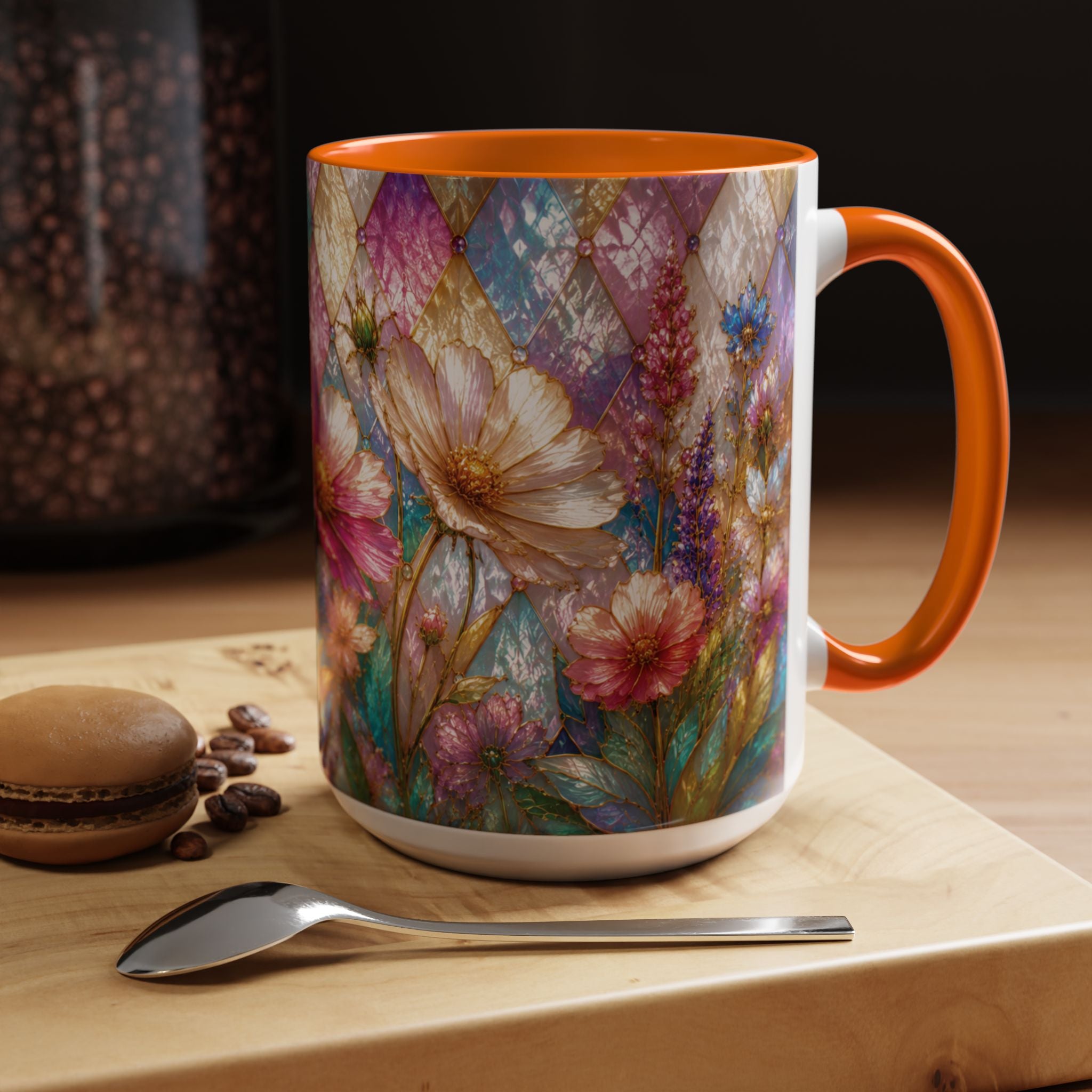 Floral Mosaic Accent Coffee Mug — Colorful Garden Flowers 11/15oz Stain Glass Illusion