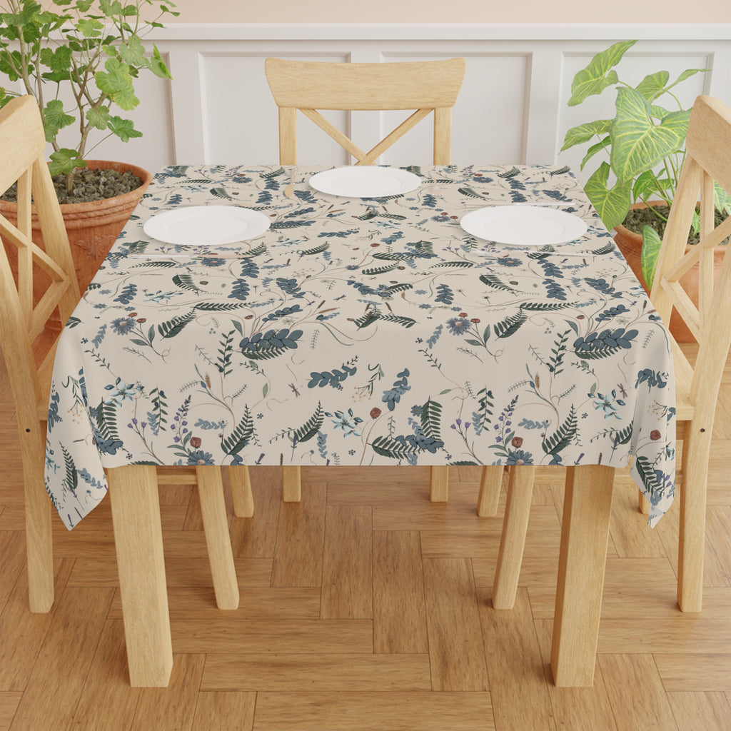 Nappe de fête botanique bleue et beige — Décoration de table florale élégante