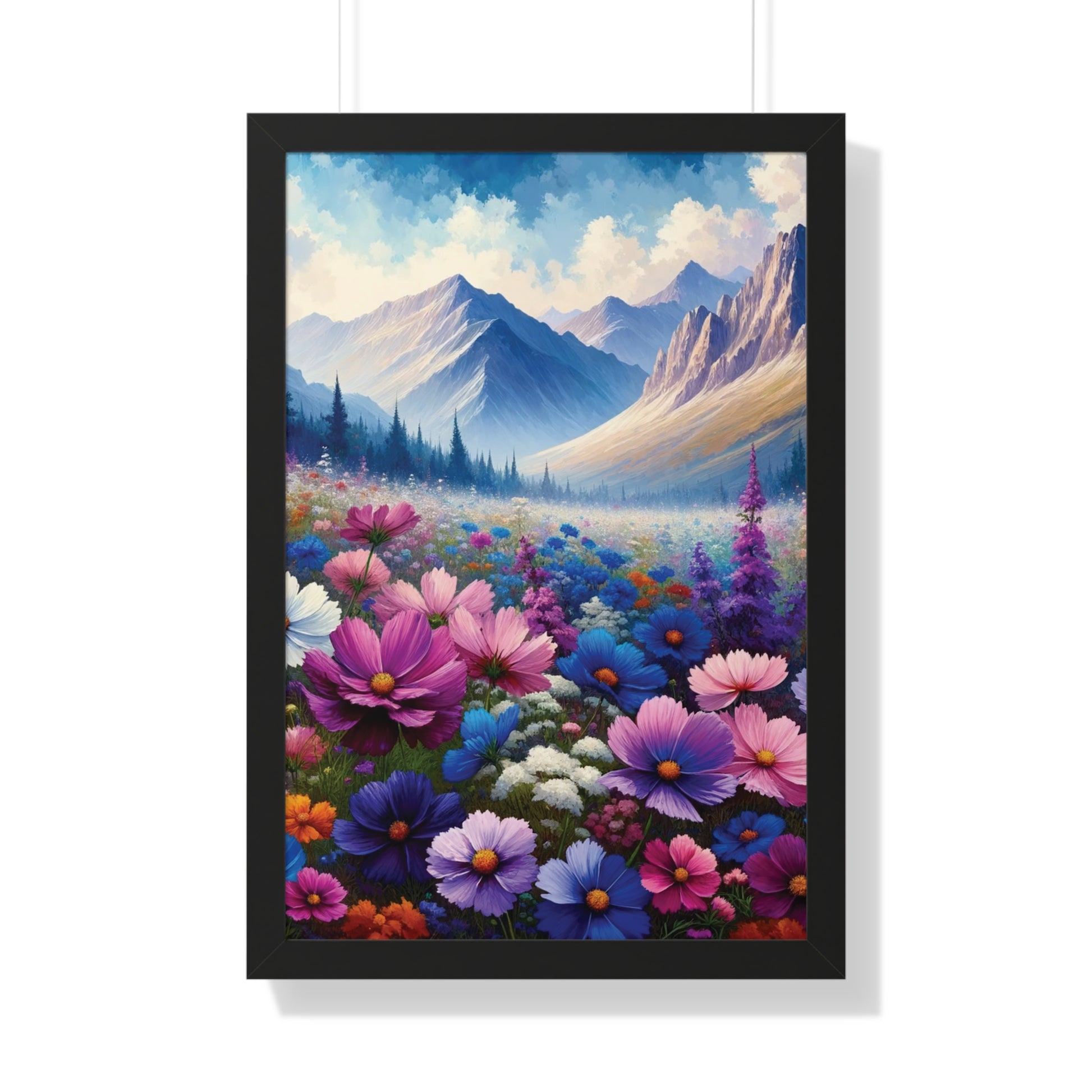Wall Art Beautiful Wildflowers and Mountains Wildflower Art Watercolor Floral Framed Canvas Print Wall Art  Classic Encased in Black, White, or Walnut Frames with Durable Acrylic Protection Ready to Hang  Timelessly Crafted..