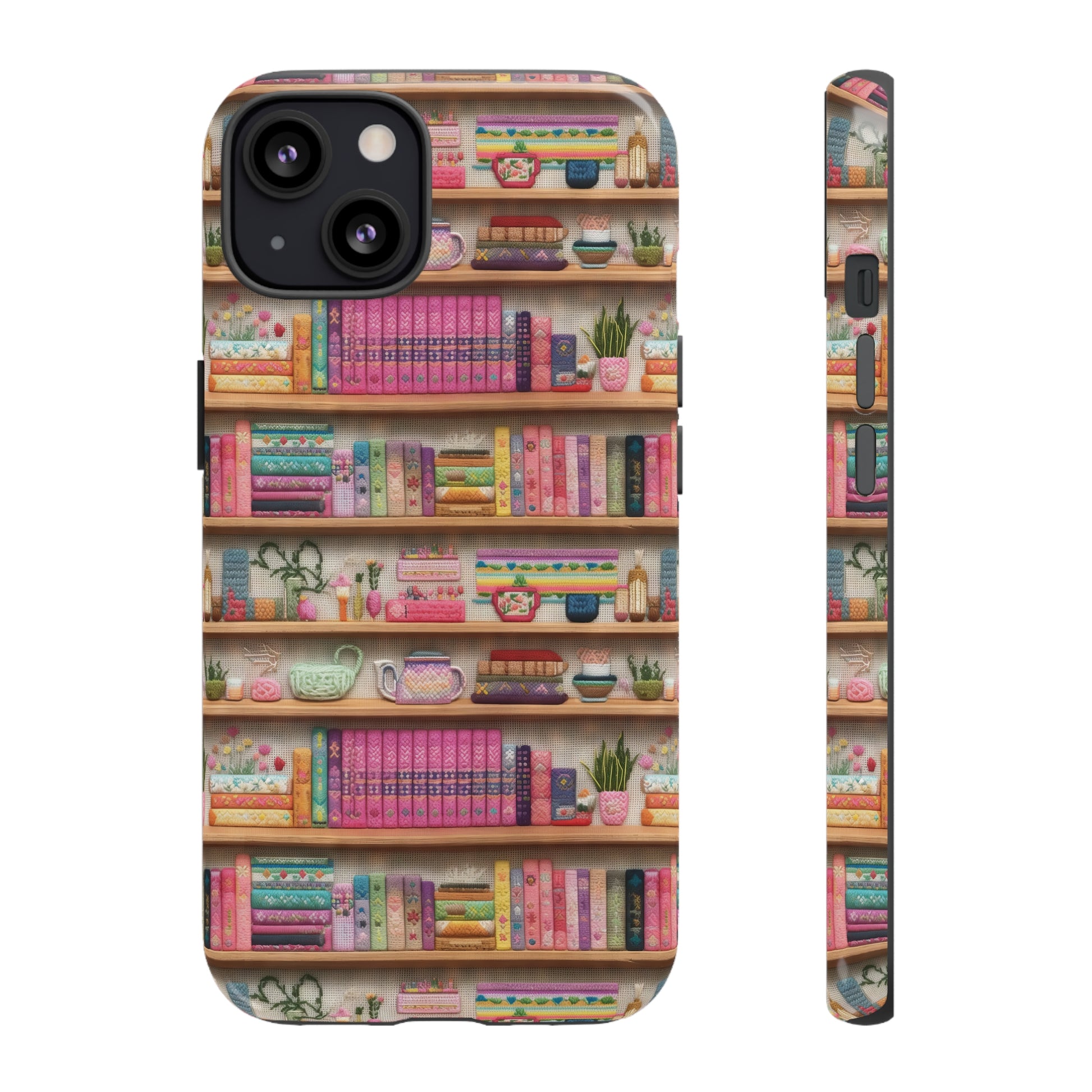 Phone Case 3D Illusion Books & Shelf Embroidery Design with Vibrant Colors Gift for Her Phone 15, Samsung iPhone Samsung Gift for Her Case iPhone 15, Samsung iPhone Samsung Accessory Gift for Her.
