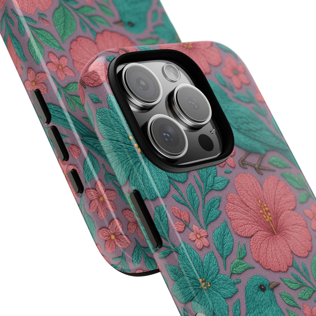 Turquoise, Pink and Lavender 3D Embroidery Illusion Phone Case Tropical Flowers, Birds & Butterflies Cover with Bold, Realistic Floral Texture iPhone, Samsung