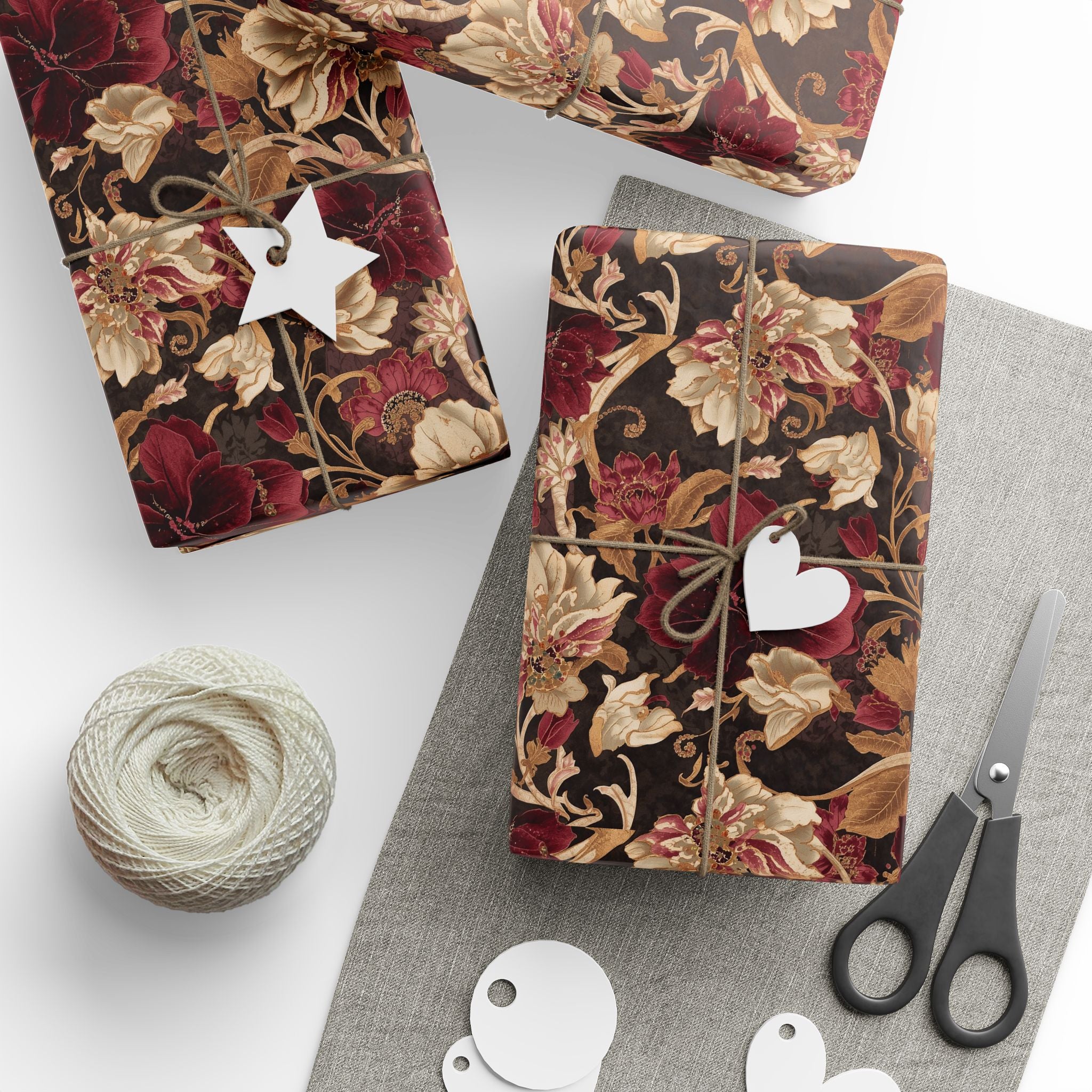 Floral Vintage Wrapping Paper - Burgundy & Gold Rose Wedding