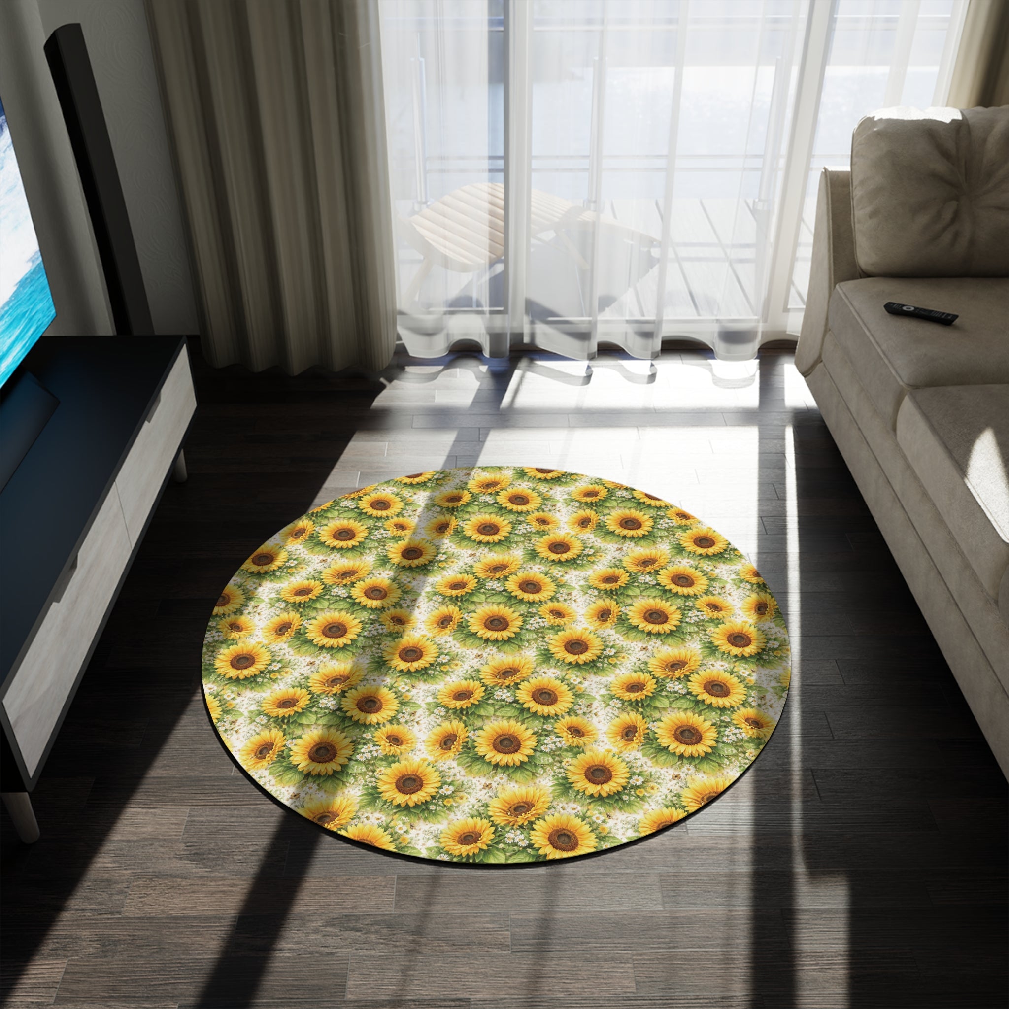 Sunflower Round Rug — Bright Floral Accent Office, Bedroom Rug