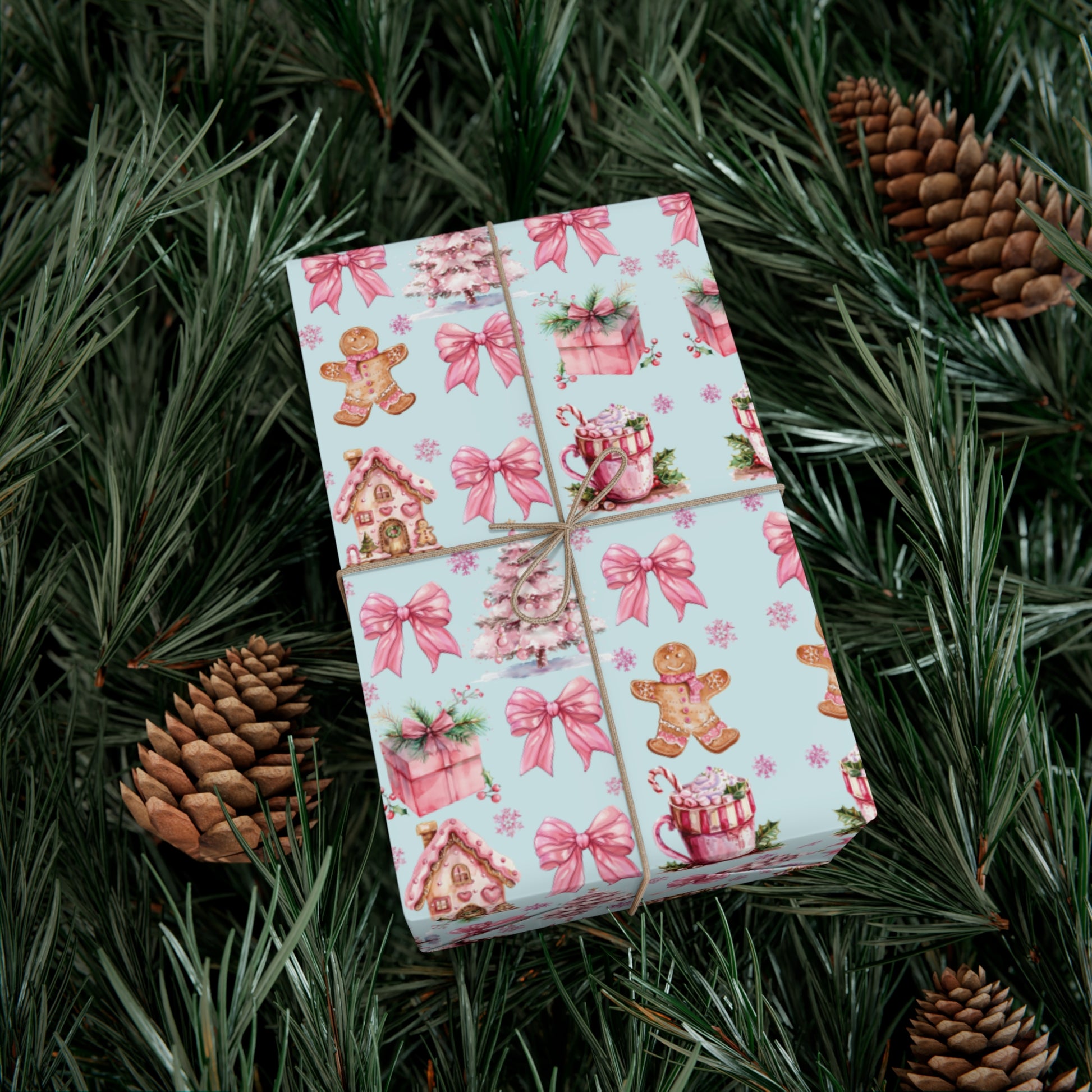 Coquette Pink Gingerbread House Man Wrapping Paper with Adorable Pink Bows Perfect for Whimsical Christmas Gift Wrap | Festive Holiday Present Wrapping Sheets - MRSBYVALLE