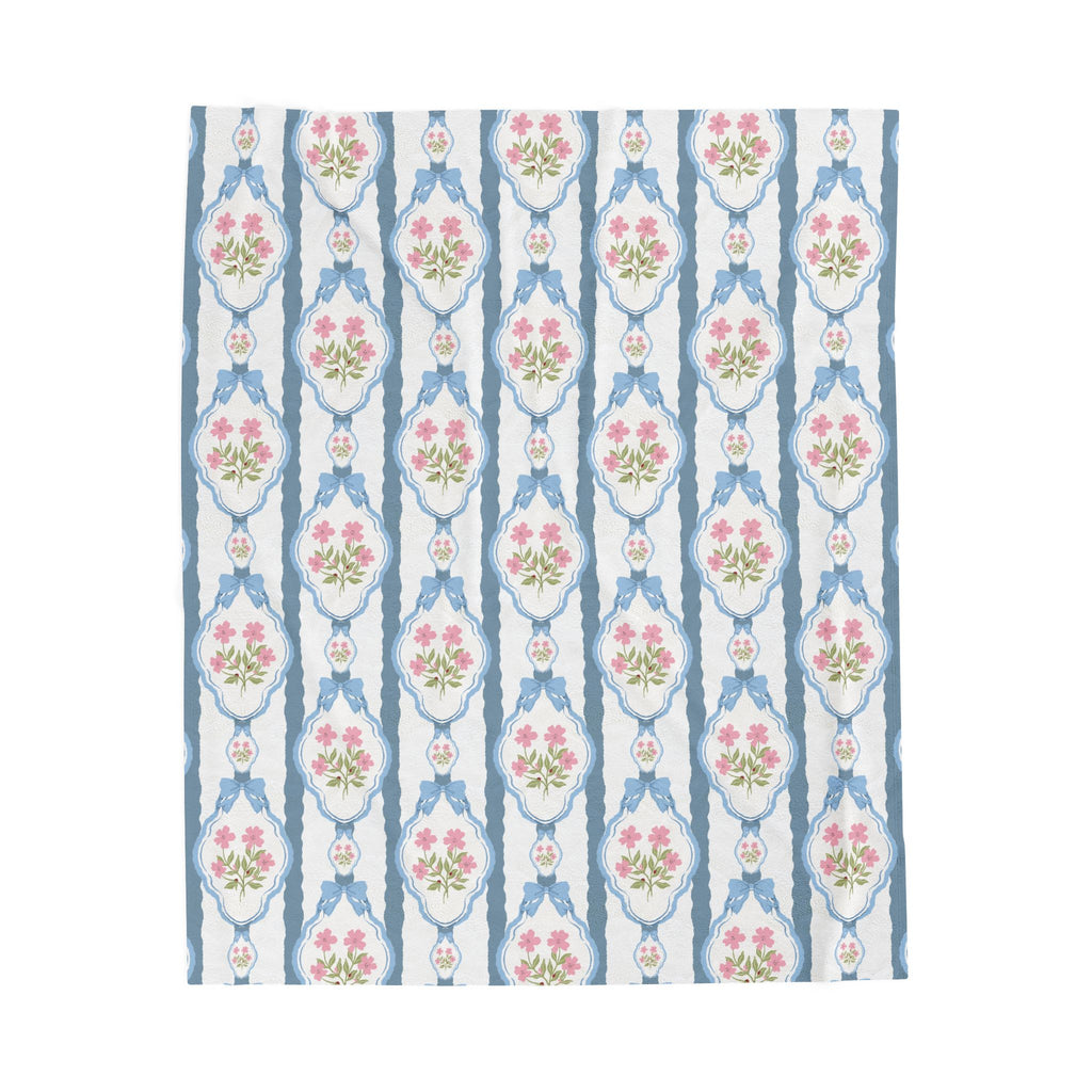 Couverture en peluche veloutée — Nœuds roses vintage et jeté romantique bleu