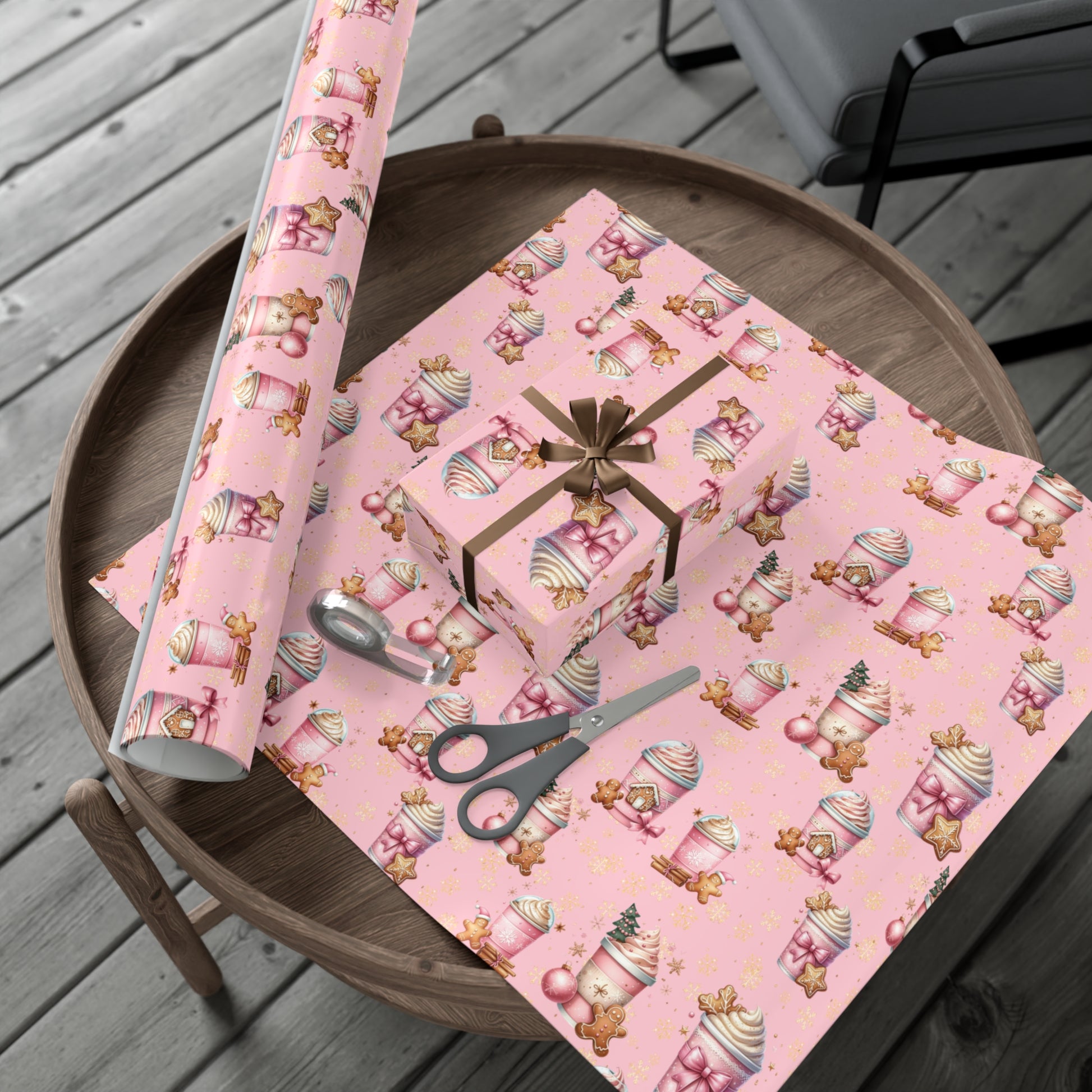 Whimsical Pink Gingerbread People with Coffee Delights Wrapping Paper Festive, Playful, and Perfect for Adding a Sweet Touch to Your Holiday Gifts Moms - MRSBYVALLE