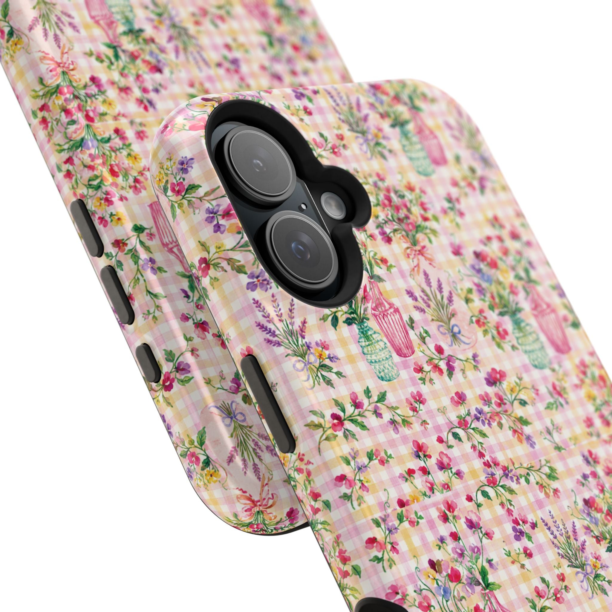 Turquoise & Pink Floral Checker Phone Case — Magnetic Impact-Resistant