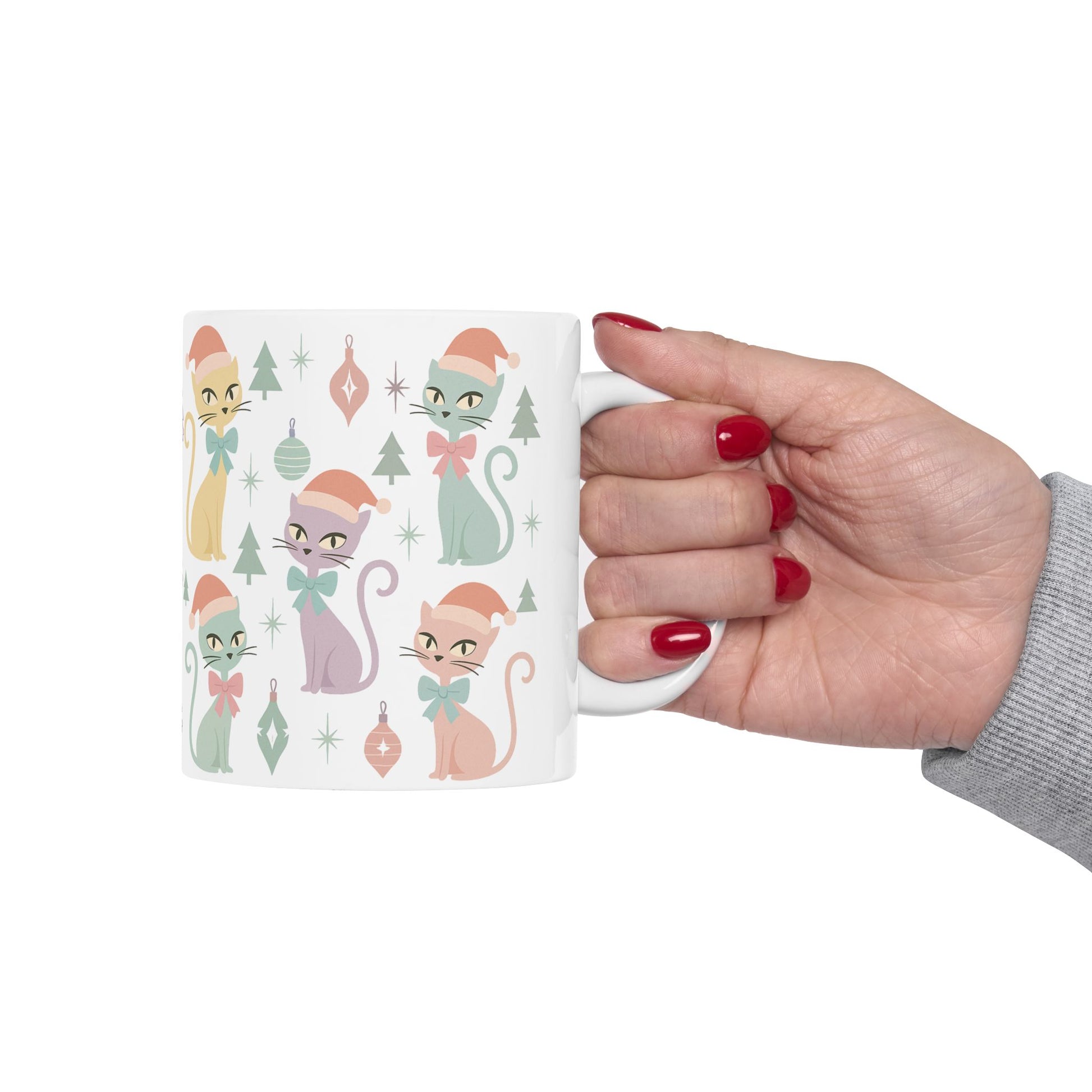 Pastel Atomic Cat Mug, Retro Mid Century Modern Coffee Cup, Vintage Kitty Design with Coquette Bow, 11oz & 15oz Ceramic Mug for Cat Lovers