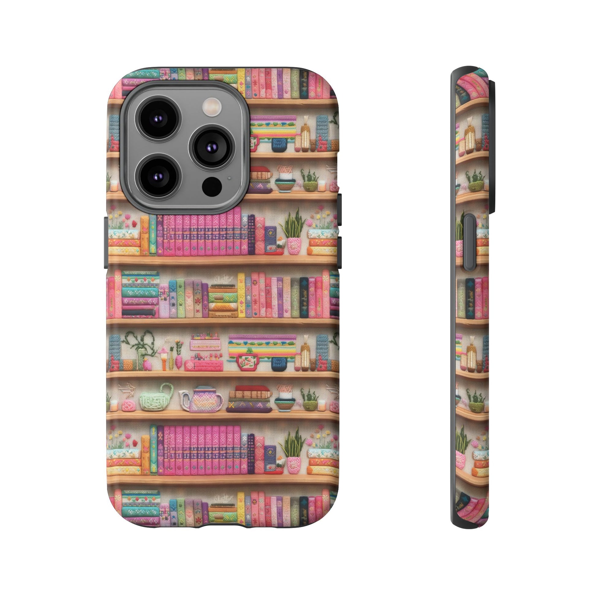 Whimsical 3D Embroidery Illusion Books on Pastel Shelves Phone Case for iPhone, Samsung & Pixel: Unique Accessory for Literary Enthusiasts Gift for Her Perfect for Floral Lover