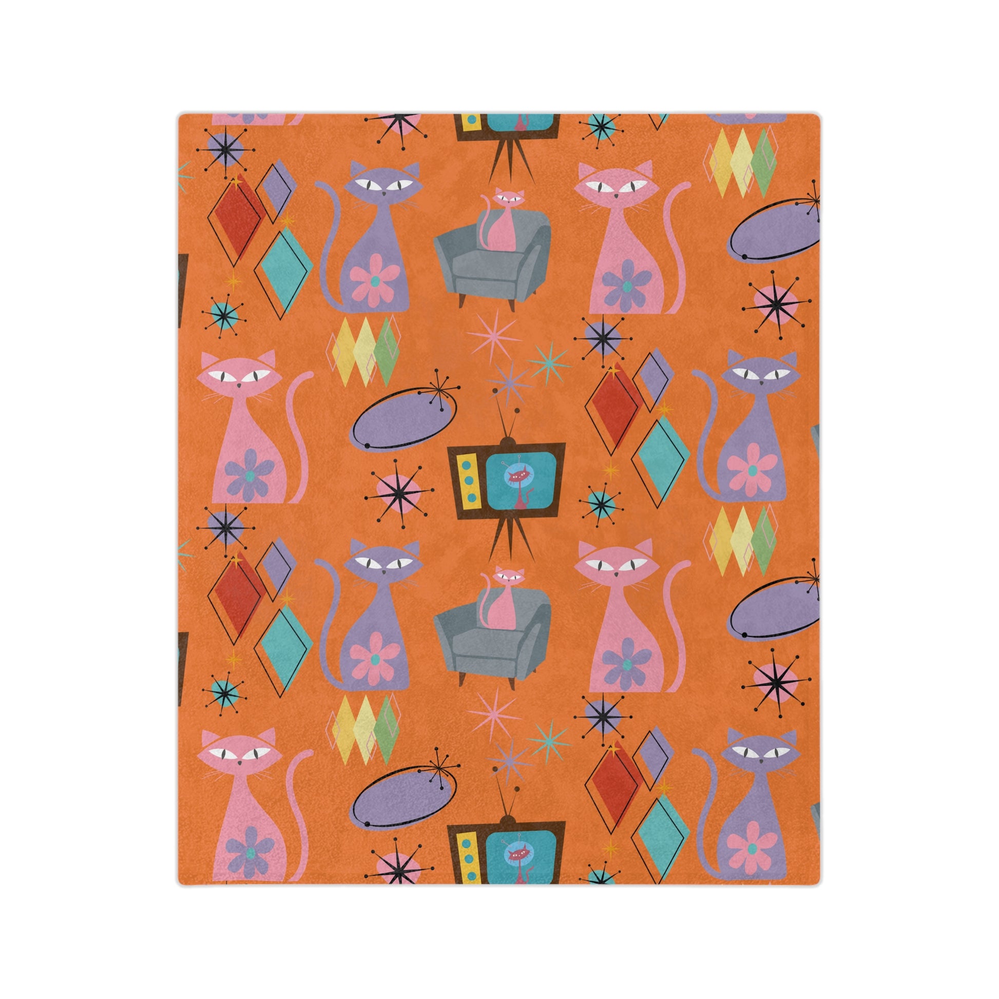 Atomic Cats Retro Blanket | Mid Century Modern Throw with 1950s Starburst Design | Cozy Vintage Cat Lover Gift for Sofa, Bed, or Lounge Chair