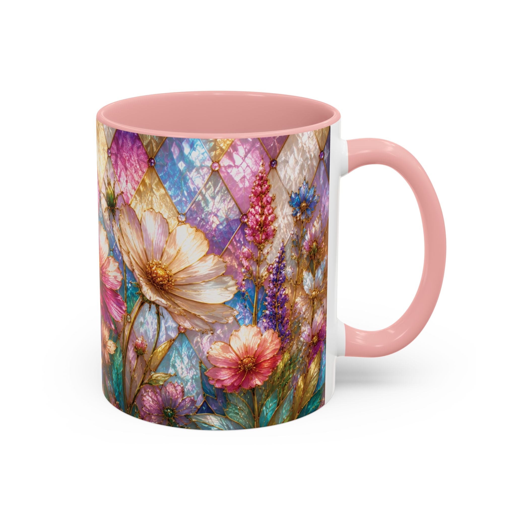 Floral Mosaic Accent Coffee Mug — Colorful Garden Flowers 11/15oz Stain Glass Illusion