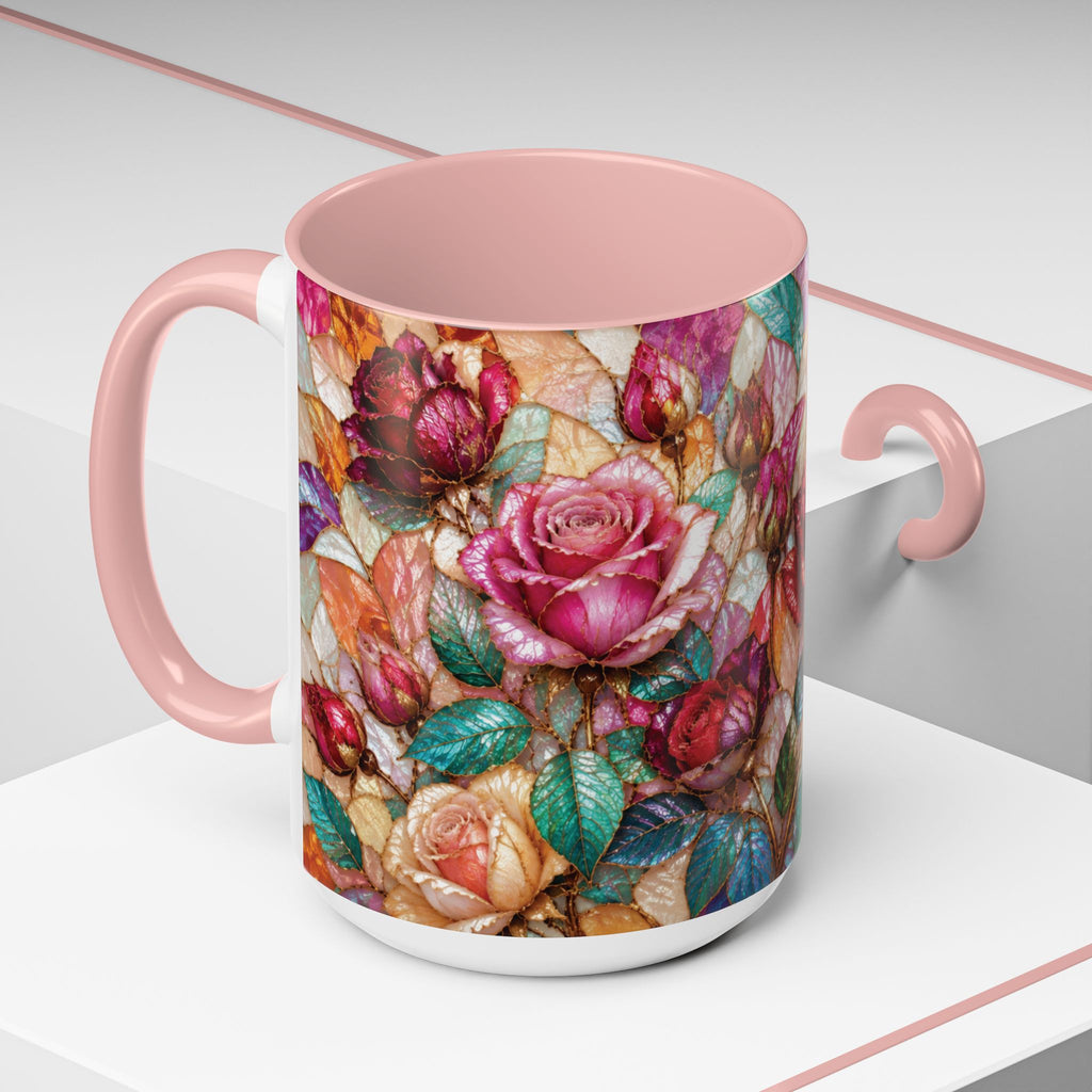 Floral Stained-Glass Accent Coffee Mug Colorful Rose Pattern (11/15 oz) Gift for Her