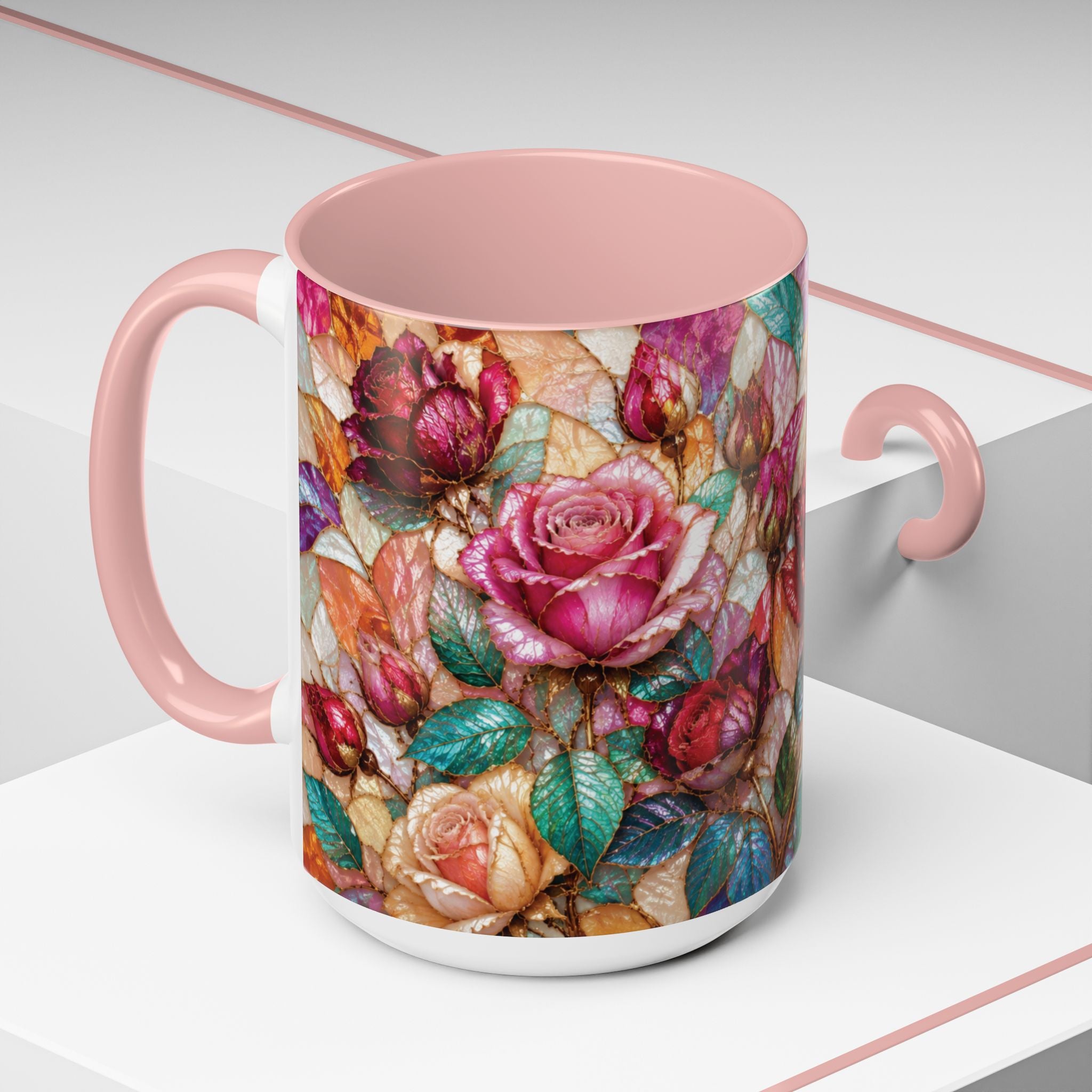 Floral Stained-Glass Accent Coffee Mug Colorful Rose Pattern (11/15 oz) Gift for Her