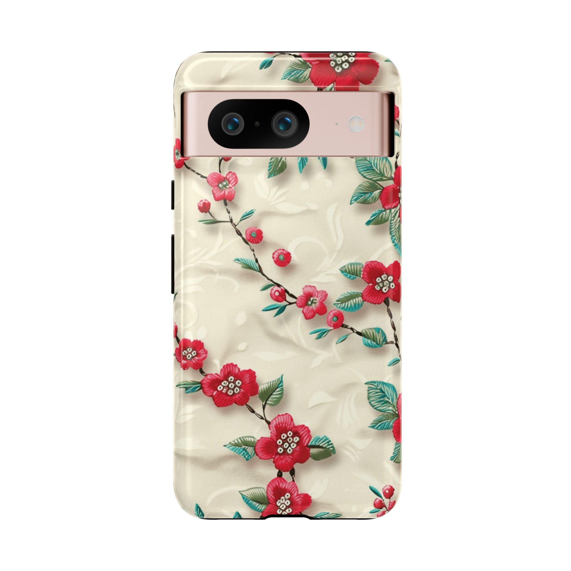 3D Embroidery Illusion Red Flowers Phone Case for iPhone, Samsung Pixel Artistic Floral Protection 15 14 13 12, 21 23 Gift for Her Perfect for Floral Lover