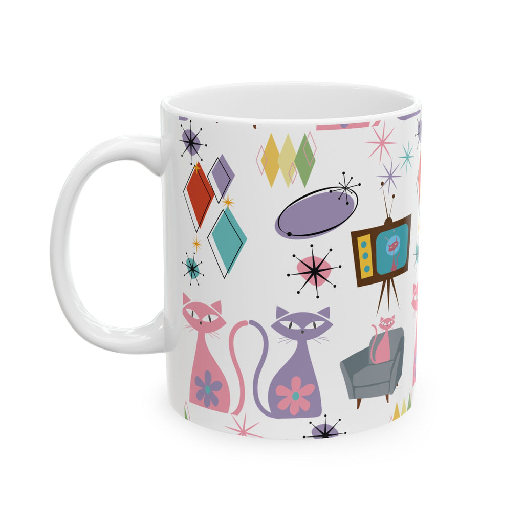 Retro Atomic Cat Mug,  Mid Century Modern Coffee Cup, Vintage Kitty Design , 11oz & 15oz Ceramic Mug for Cat Lovers Gift for Mom and Coffee Lover