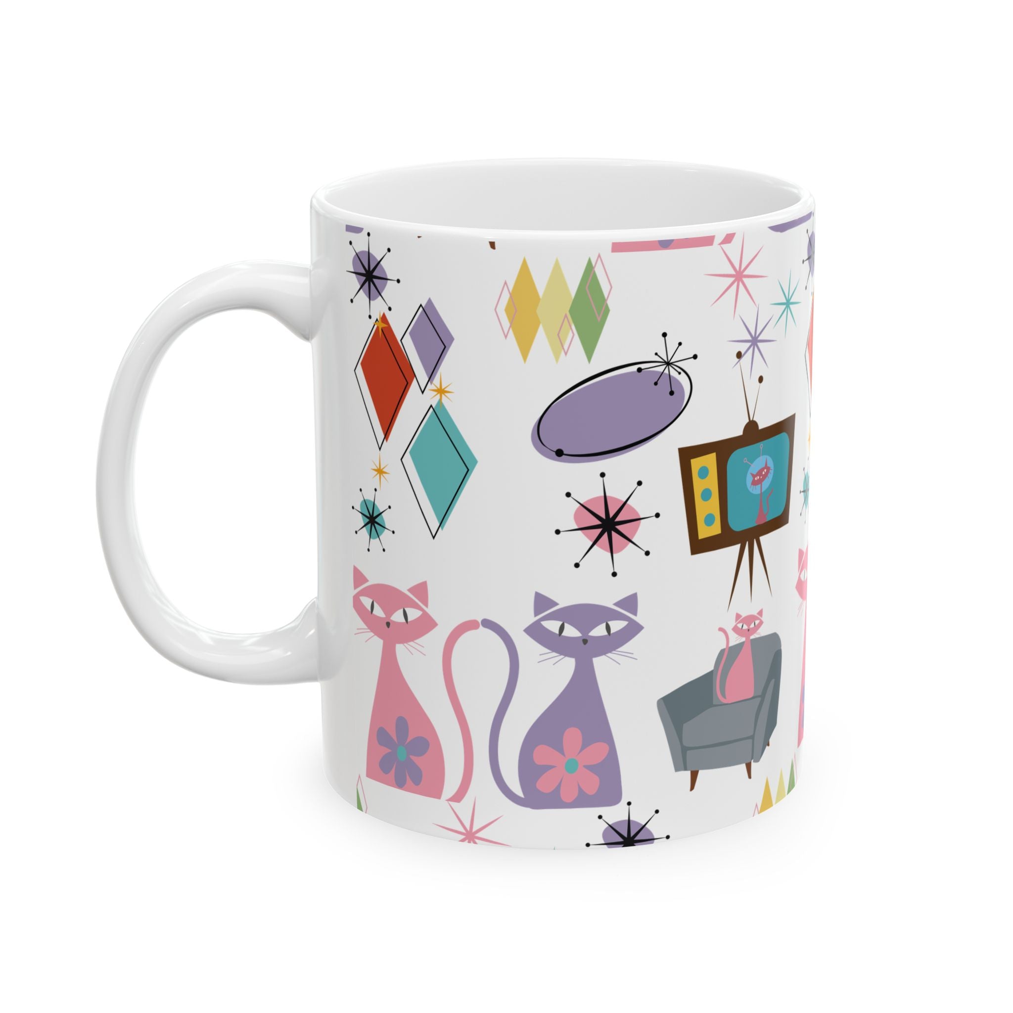 Retro Atomic Cat Mug,  Mid Century Modern Coffee Cup, Vintage Kitty Design , 11oz & 15oz Ceramic Mug for Cat Lovers Gift for Mom and Coffee Lover
