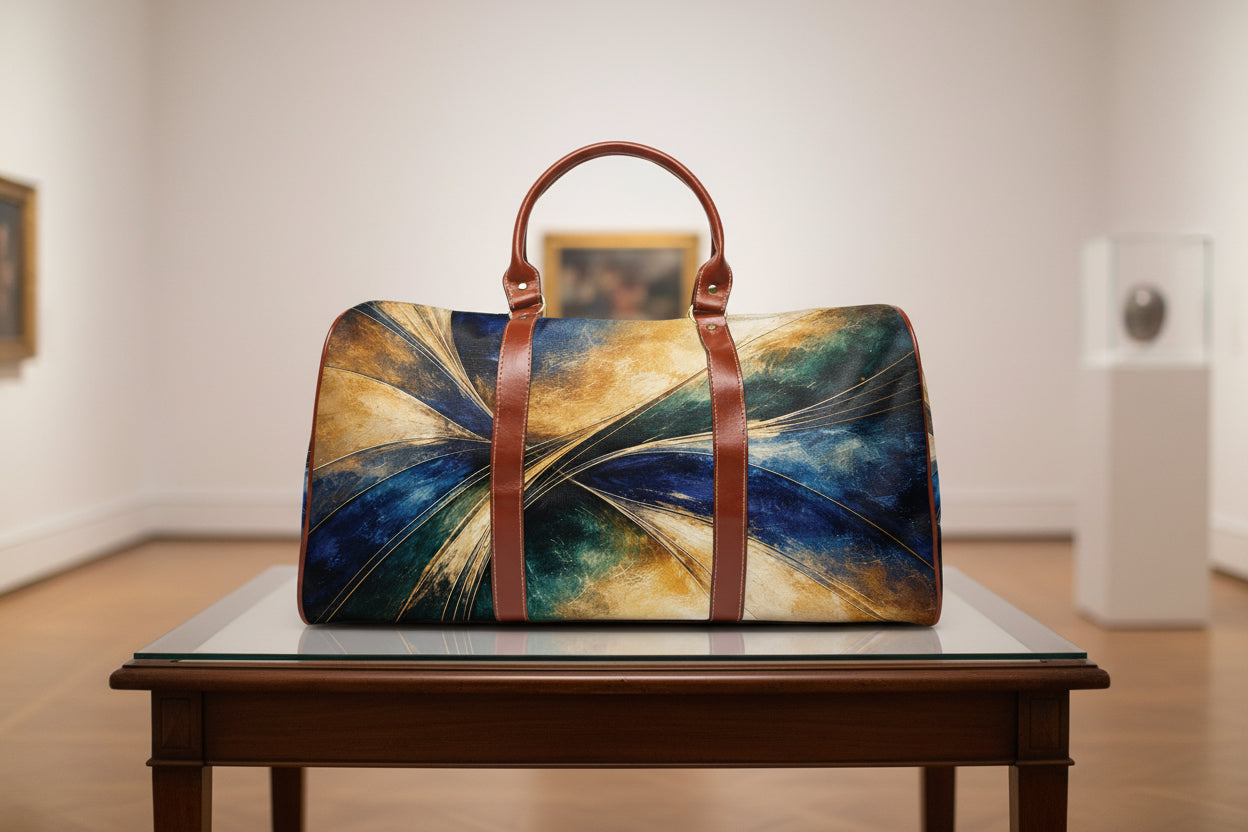 Leather handbag with abstract design on a white background