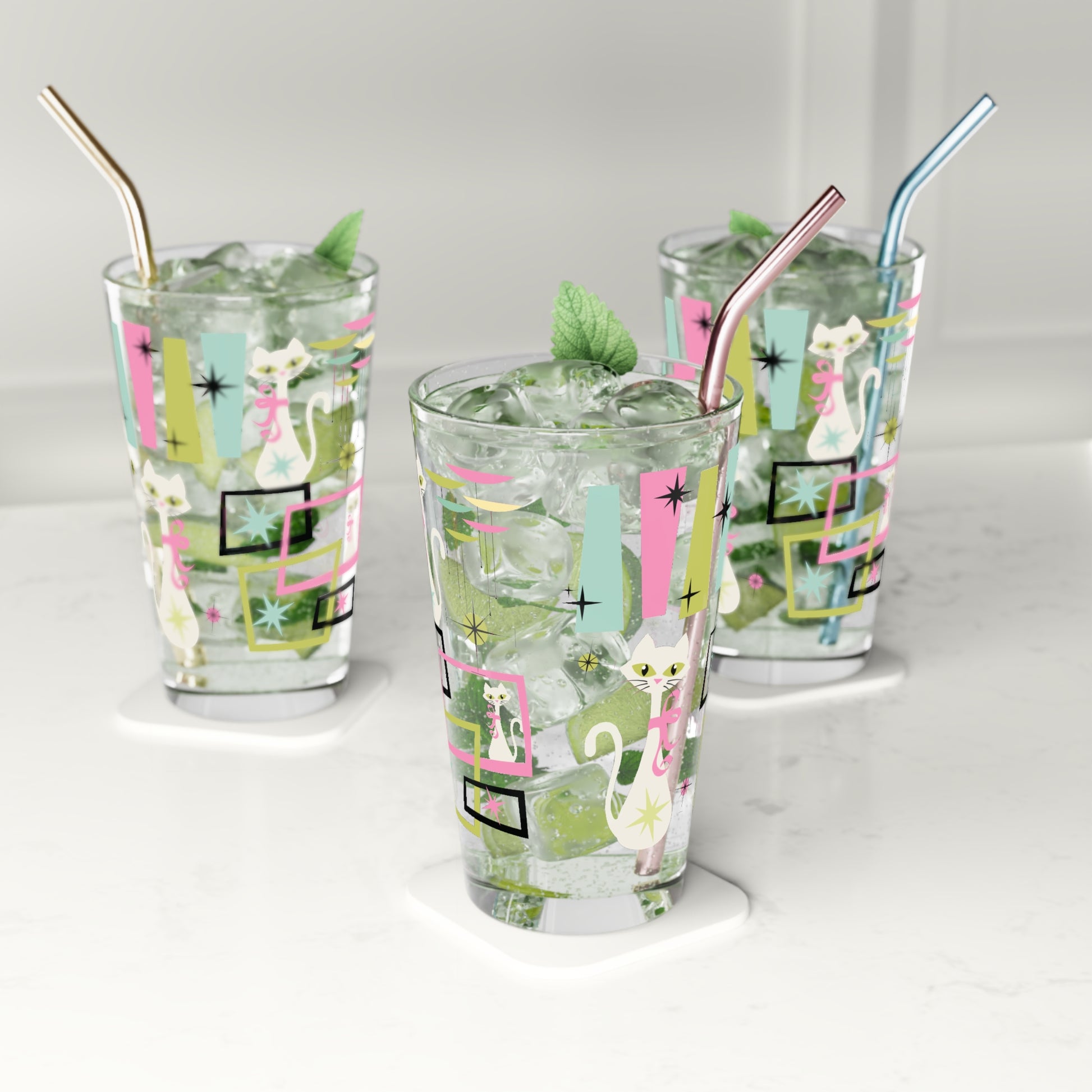 Mid-Century Modern 16oz Pint Glass – Pastel Atomic Kitty Cats, Retro 50s Vintage-Inspired Drinkware for Cocktails or Everyday Use! Handwash Only