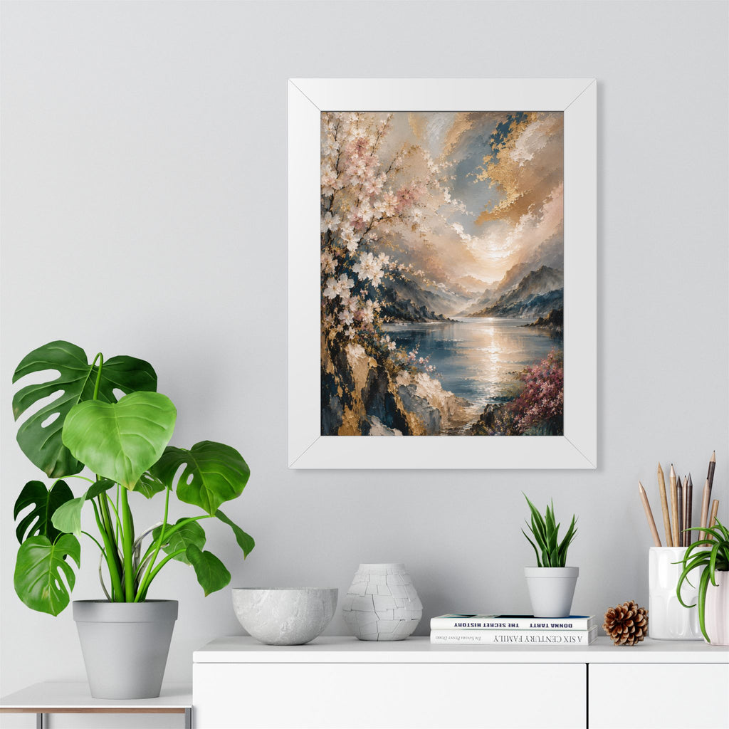 Sunlit Mountain Lake framed vertical poster | floral shoreline landscape