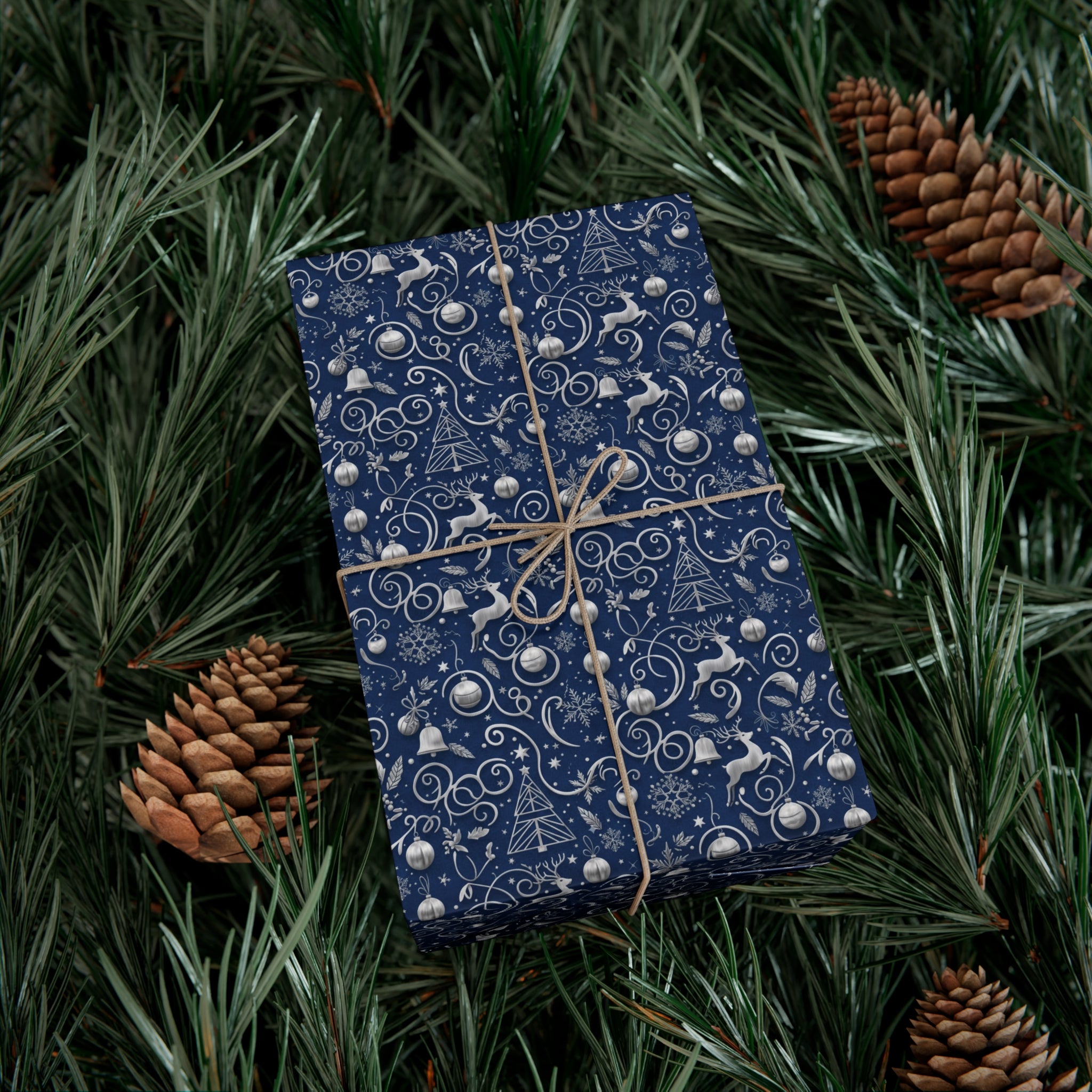 Emballage Cadeau de Noël Bleu et Argent Élégant – Feuilles et Rouleaux de Papier Cadeau Festif | MRSBYVALLE